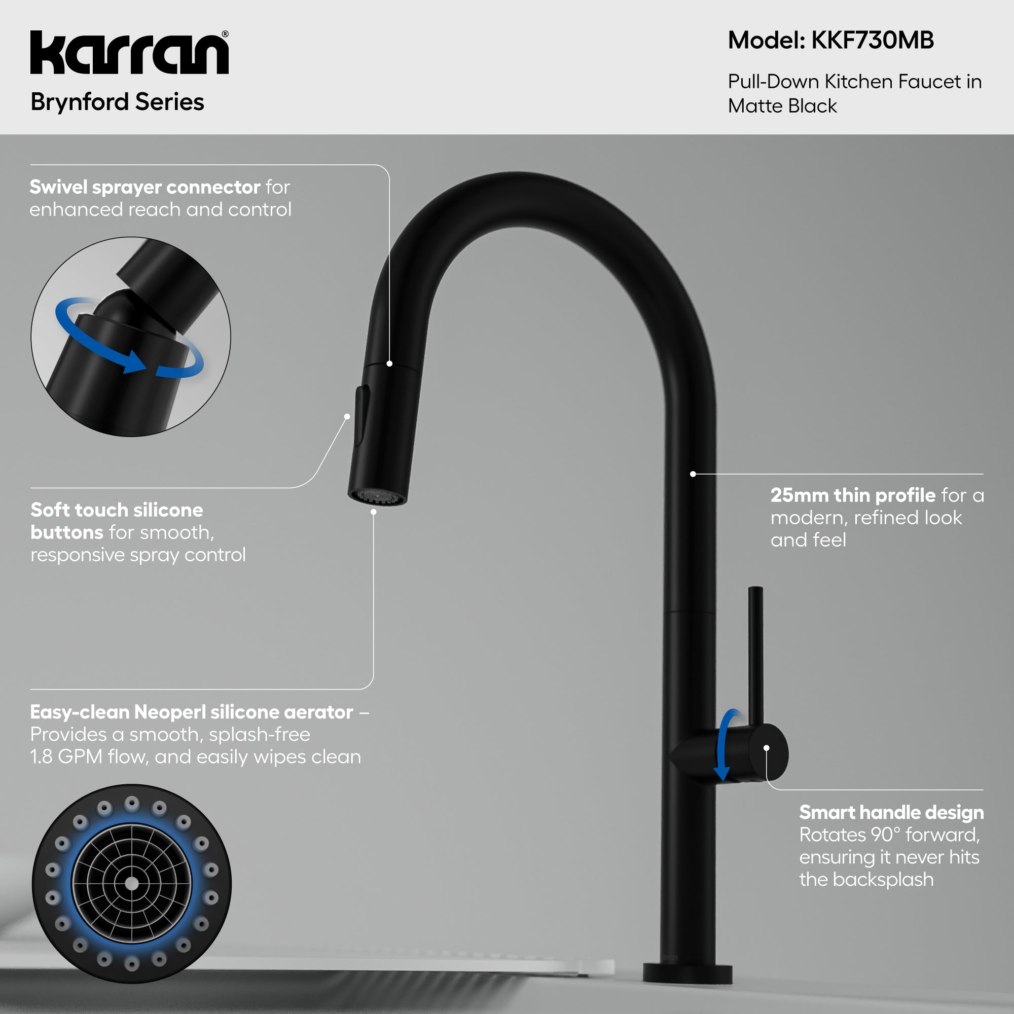 Karran Brynford 1.8 GPM Single Lever Lead-free Brass ADA Kitchen Faucet, Pull-Down, Matte Black, KKF730MB