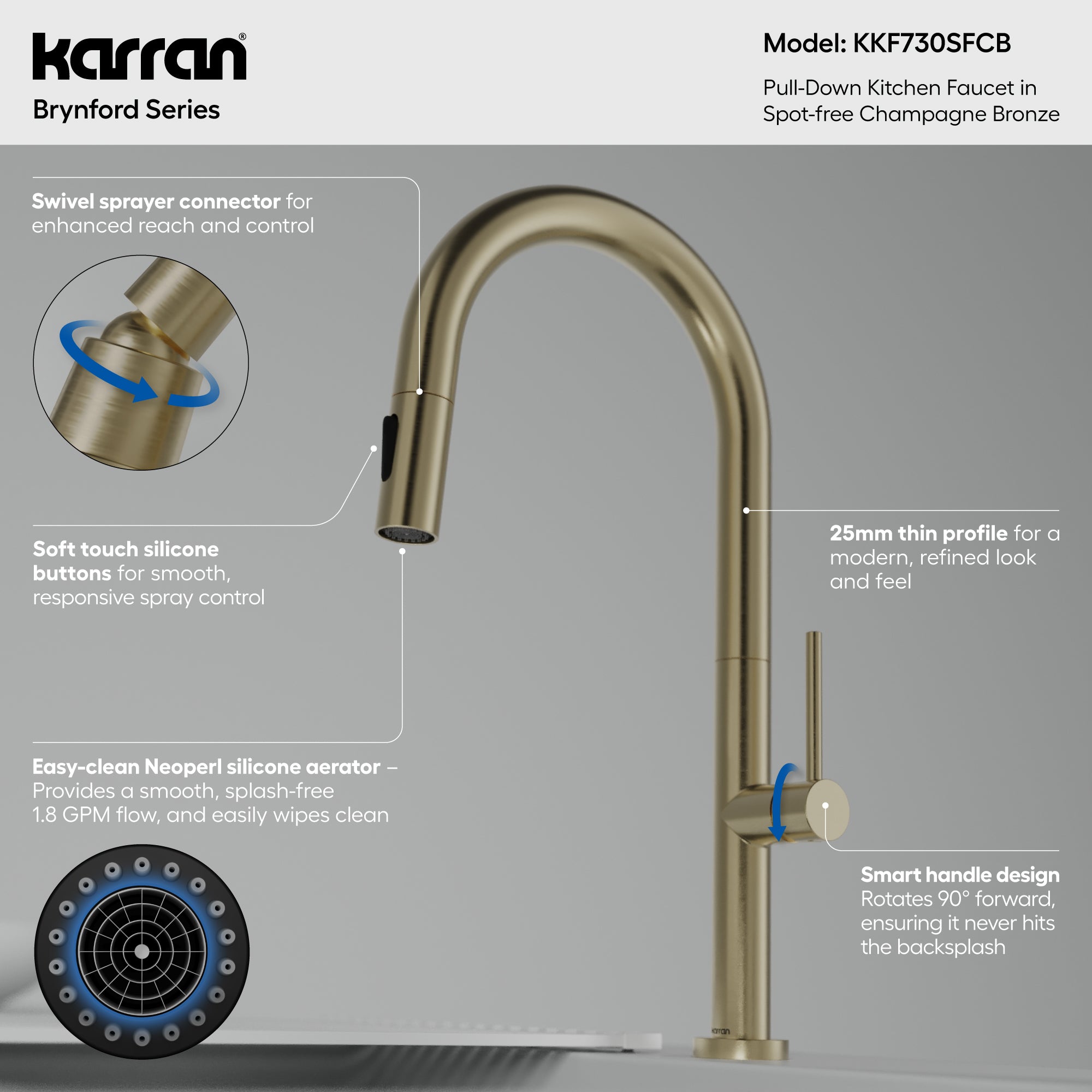 Karran Brynford 1.8 GPM Single Lever Lead-free Brass ADA Kitchen Faucet, Pull-Down, Spot-Free Champagne Bronze, KKF730SFCB