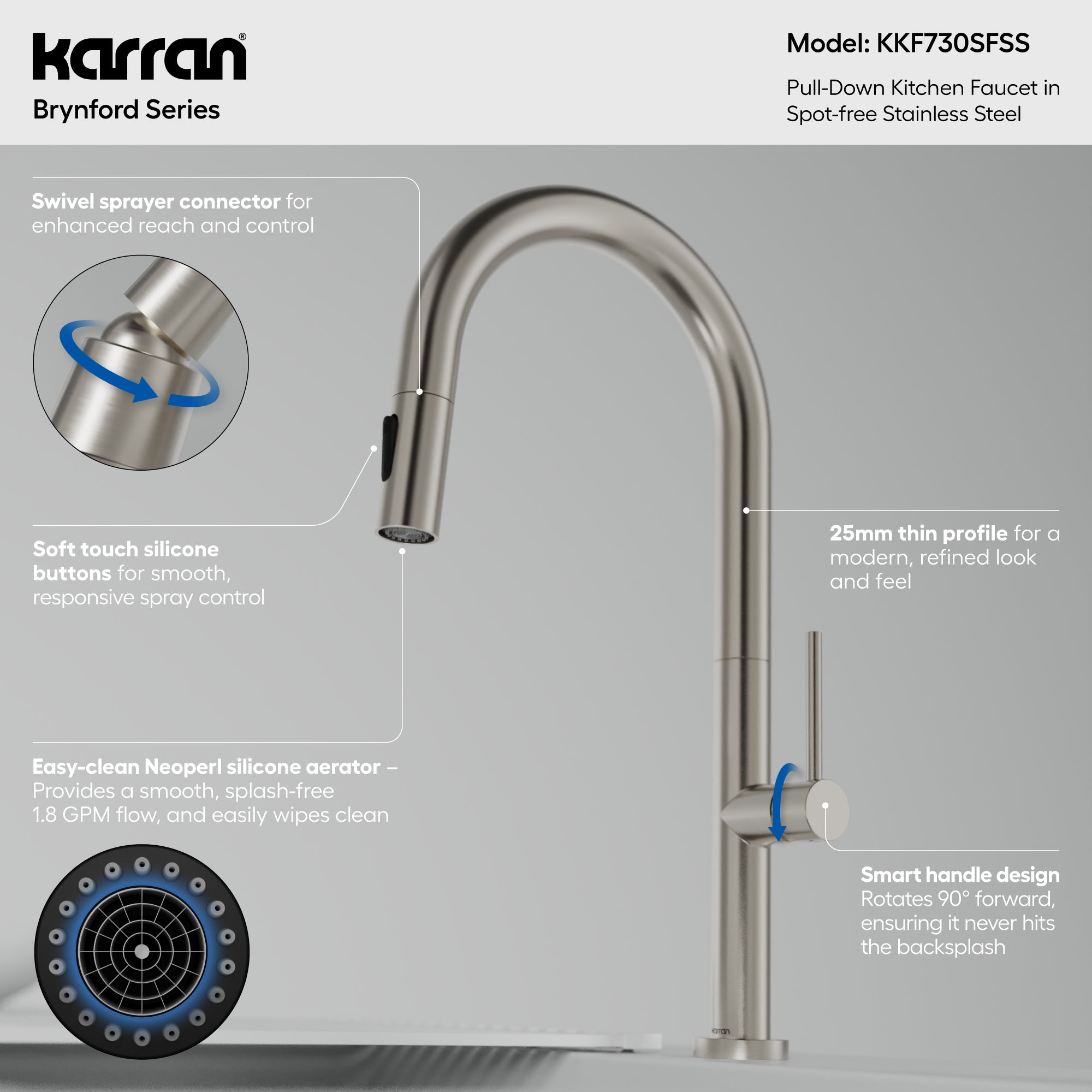 Karran Brynford 1.8 GPM Single Lever Lead-free Brass ADA Kitchen Faucet, Pull-Down, Spot Free Stainless Steel, KKF730SFSS