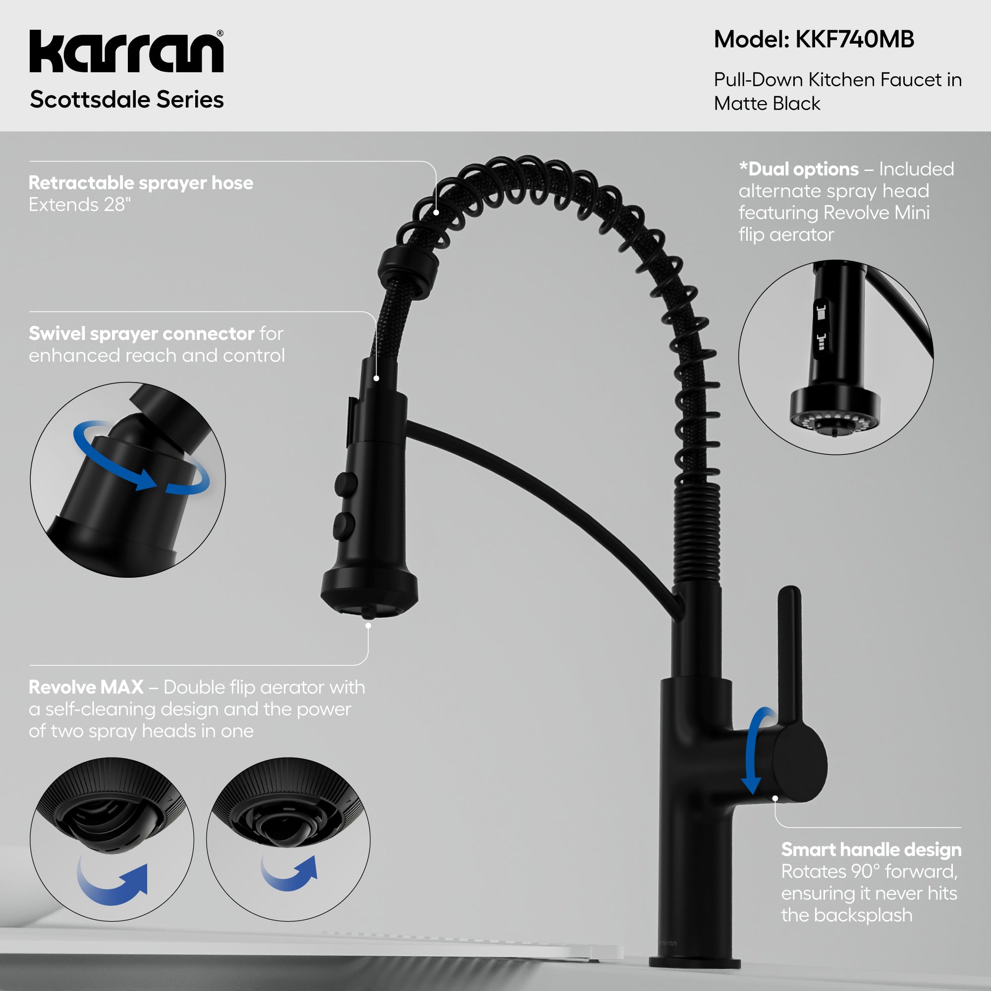 Karran Scottsdale 1.8 GPM Single Lever Lead-free Brass ADA Kitchen Faucet, Pull-Down, Matte Black, KKF740MB
