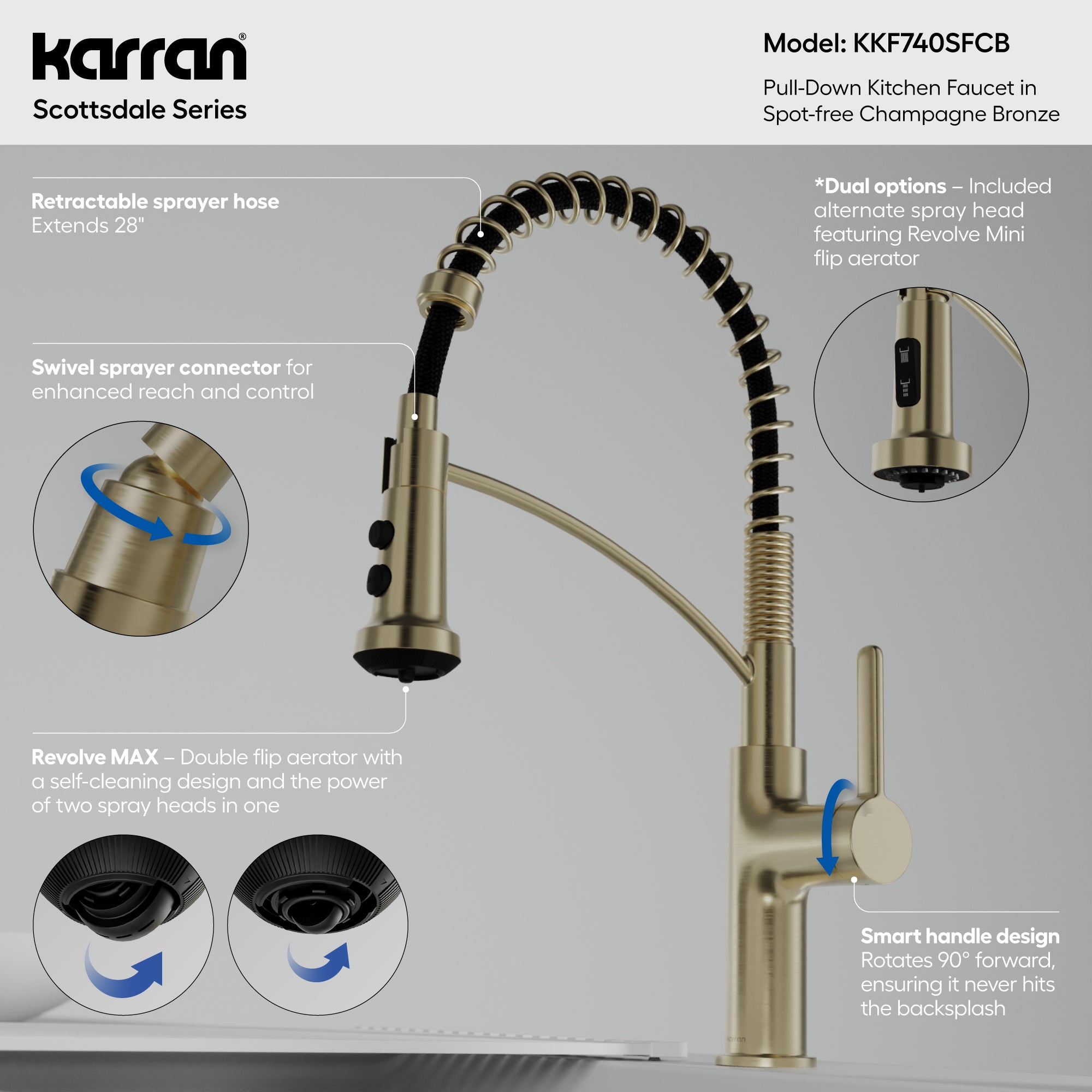 Karran Scottsdale 1.8 GPM Single Lever Lead-free Brass ADA Kitchen Faucet, Pull-Down, Spot-Free Champagne Bronze, KKF740SFCB