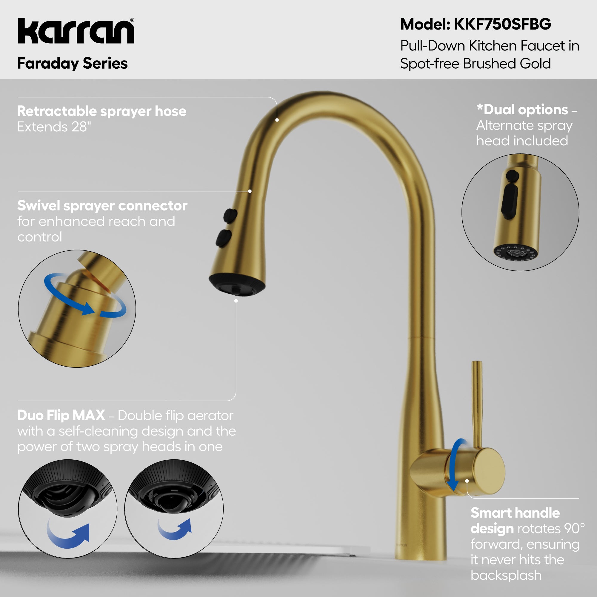 Alternative View of Karran Faraday 1.8 GPM Single Lever Lead-free Brass ADA Kitchen Faucet, Pull-Down, Spot-Free Brushed Gold, KKF750SFBG