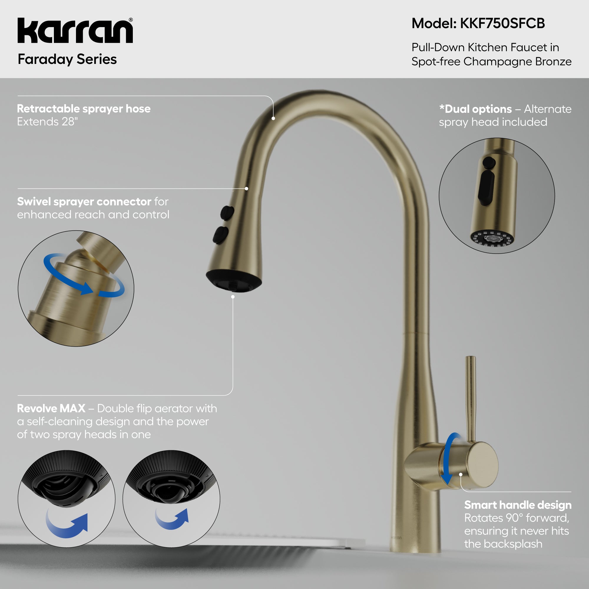 Karran Faraday 1.8 GPM Single Lever Lead-free Brass ADA Kitchen Faucet, Pull-Down, Spot-Free Champagne Bronze, KKF750SFCB
