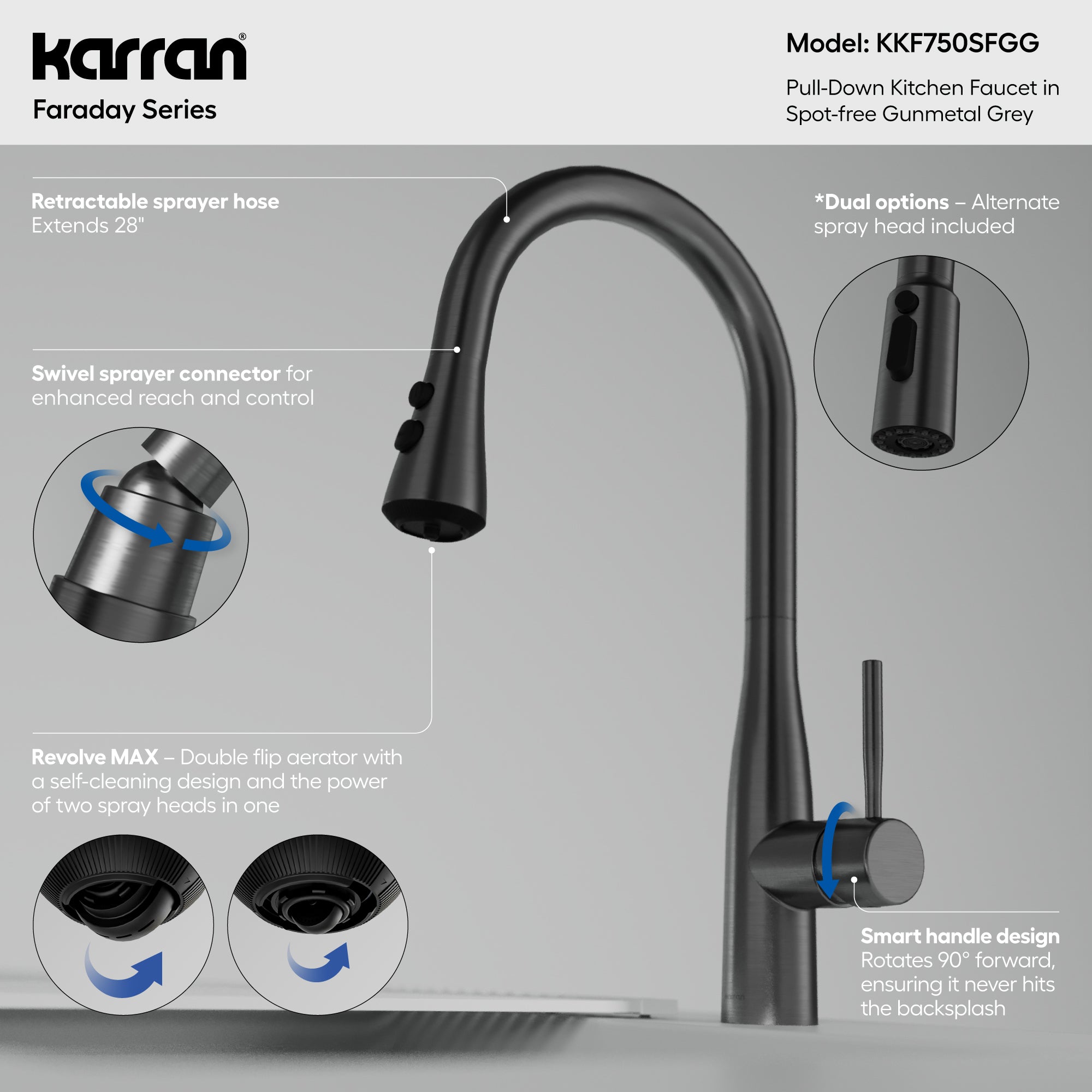 Karran Faraday 1.8 GPM Single Lever Lead-free Brass ADA Kitchen Faucet, Pull-Down, Spot-Free Gunmetal Grey, KKF750SFGG