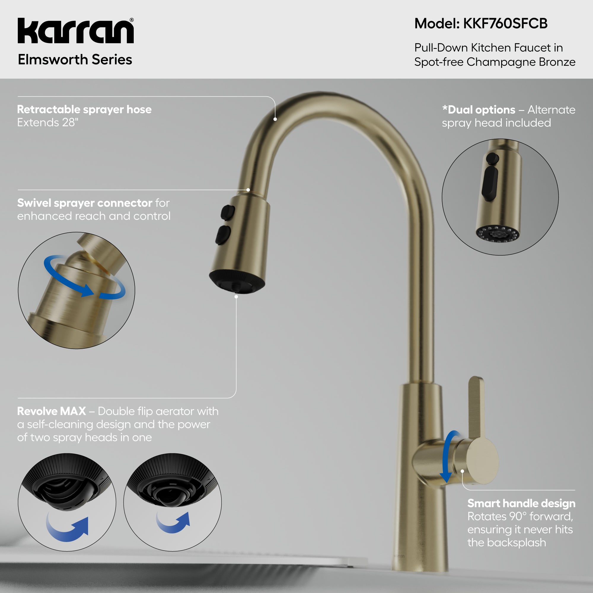 Karran Elmsworth 1.8 GPM Single Lever Lead-free Brass ADA Kitchen Faucet, Pull-Down, Spot-Free Champagne Bronze, KKF760SFCB