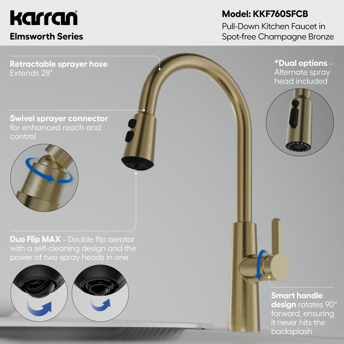 Alternative View of Karran Elmsworth 1.8 GPM Single Lever Lead-free Brass ADA Kitchen Faucet, Pull-Down, Spot-Free Champagne Bronze, KKF760SFCB