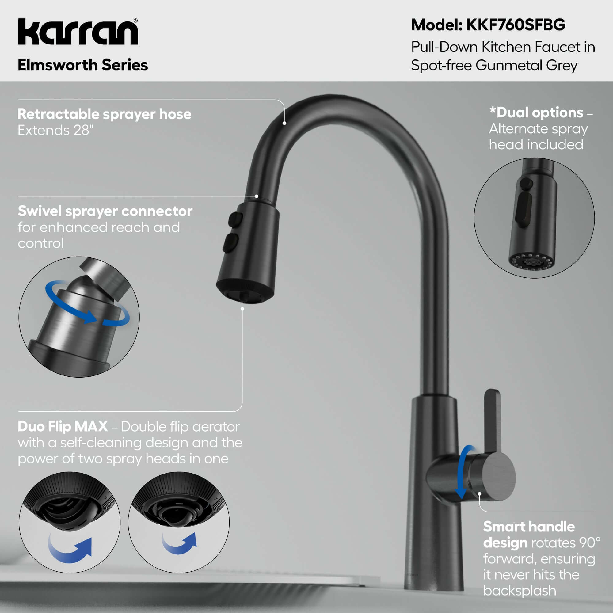 Alternative View of Karran Elmsworth 1.8 GPM Single Lever Lead-free Brass ADA Kitchen Faucet, Pull-Down, Spot-Free Gunmetal Grey, KKF760SFGG