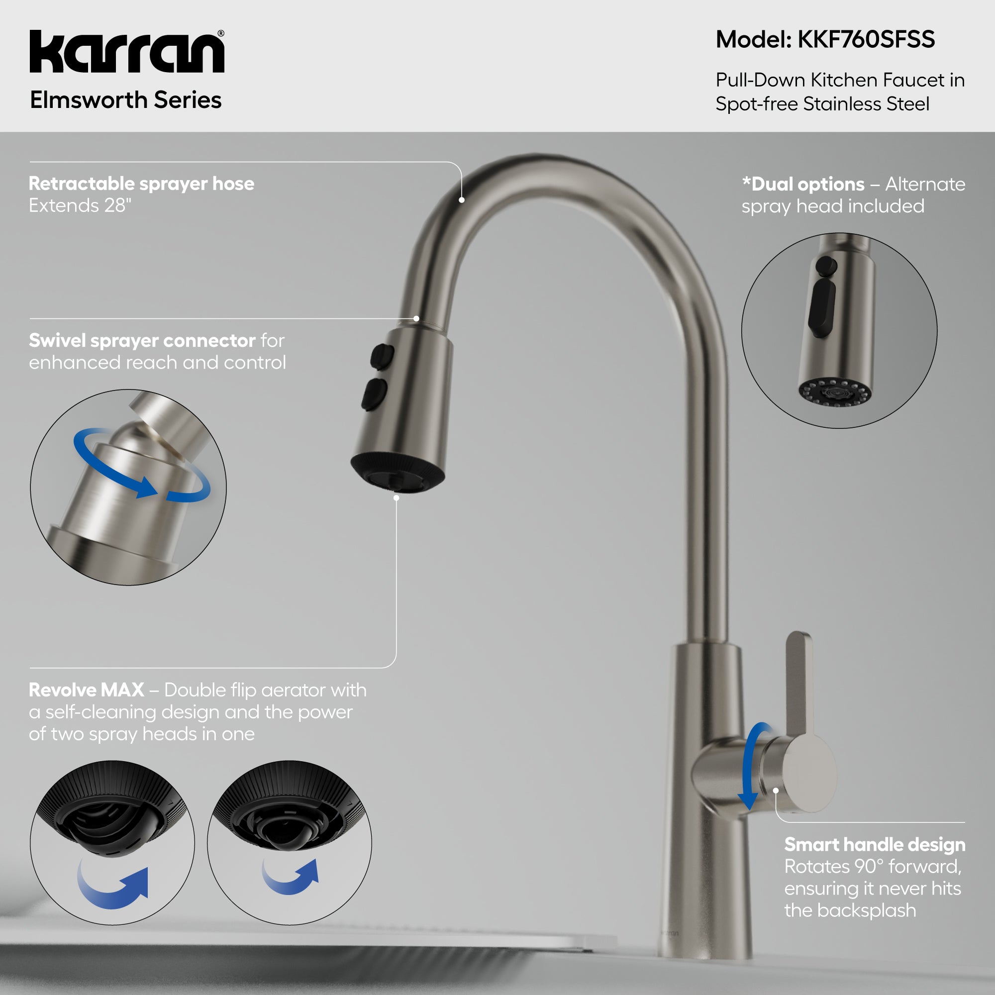 Karran Elmsworth 1.8 GPM Single Lever Lead-free Brass ADA Kitchen Faucet, Pull-Down, Spot Free Stainless Steel, KKF760SFSS