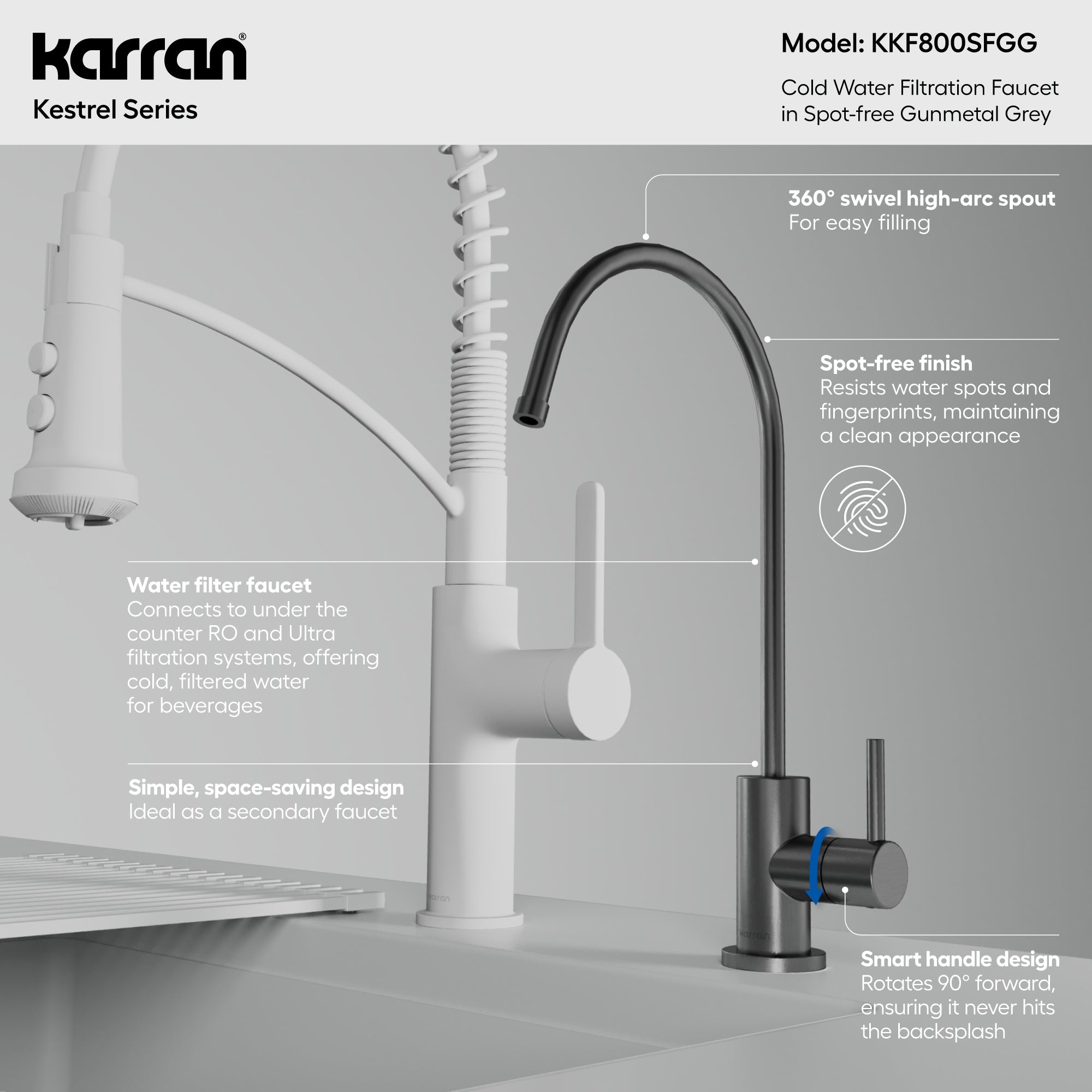 Karran Kestrel 1 GPM Single Lever Lead-free Brass ADA Beverage Faucet, Spot-Free Gunmetal Grey, KKF800SFGG