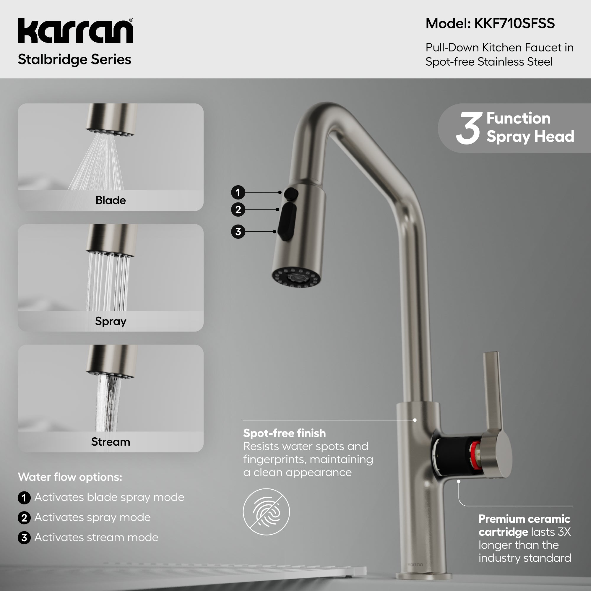 Karran Stalbridge 1.8 GPM Single Lever Lead-free Brass ADA Kitchen Faucet, Pull-Down, Spot Free Stainless Steel, KKF710SFSS