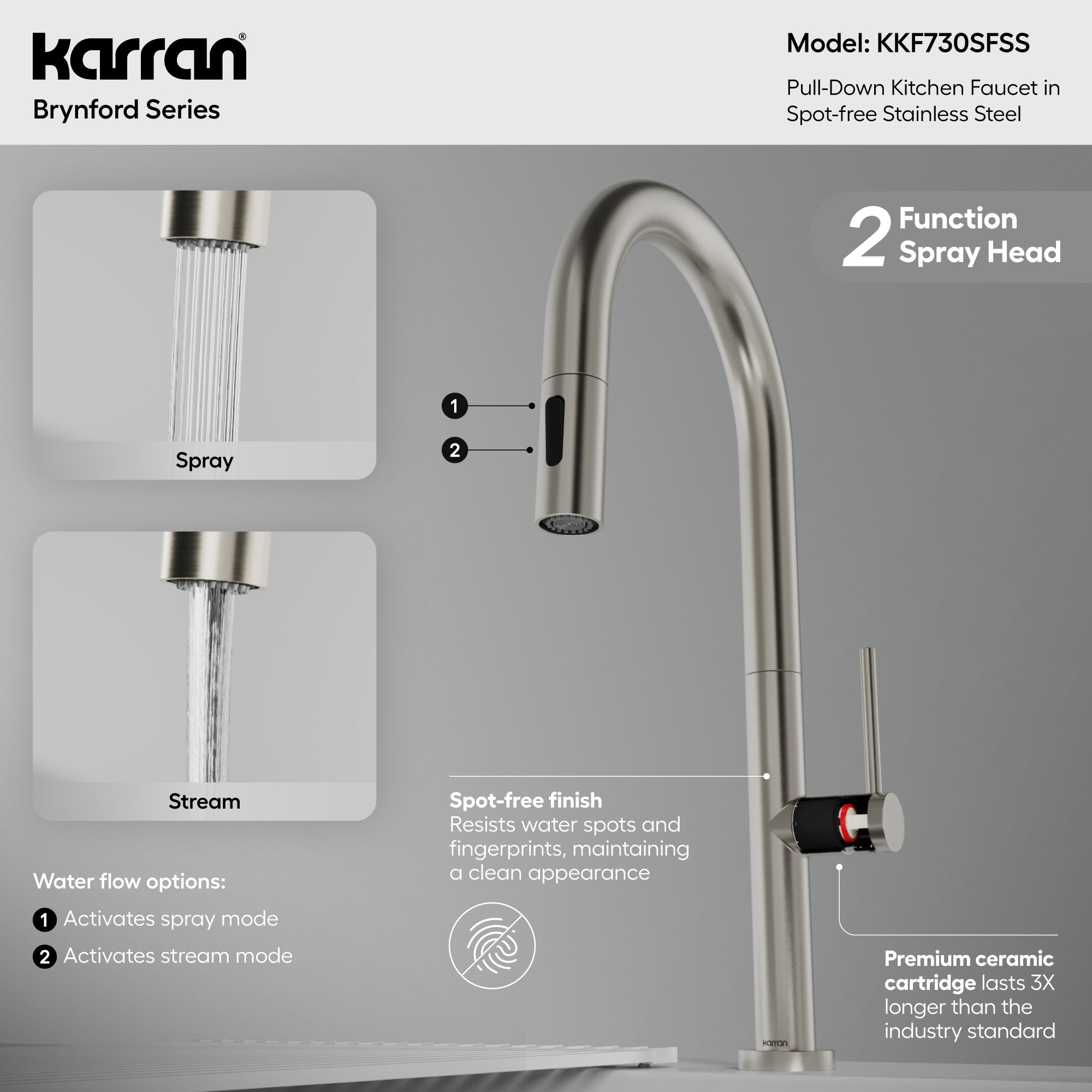 Karran Brynford 1.8 GPM Single Lever Lead-free Brass ADA Kitchen Faucet, Pull-Down, Spot Free Stainless Steel, KKF730SFSS