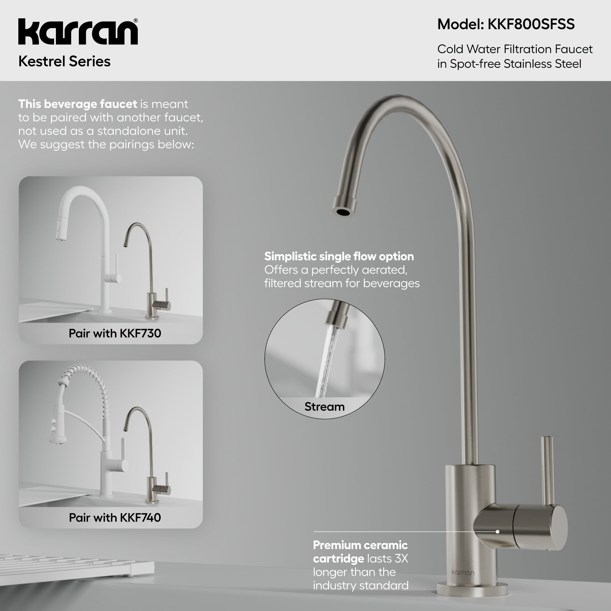 Karran Kestrel 1 GPM Single Lever Lead-free Brass ADA Beverage Faucet, Spot Free Stainless Steel, KKF800SFSS