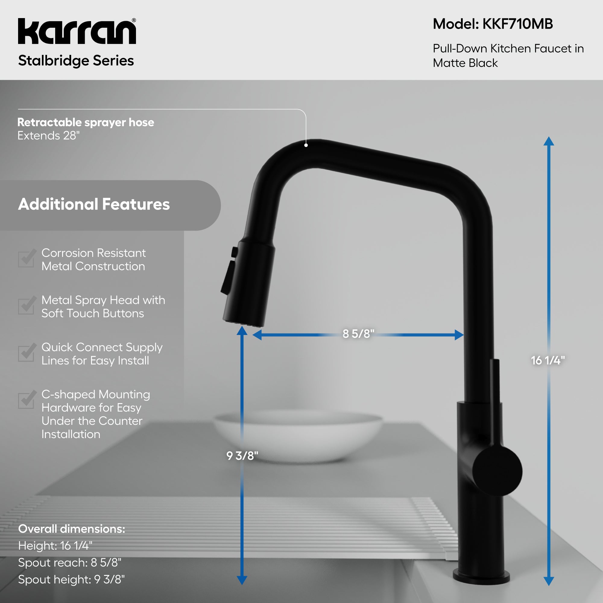 Karran Stalbridge 1.8 GPM Single Lever Lead-free Brass ADA Kitchen Faucet, Pull-Down, Matte Black, KKF710MB