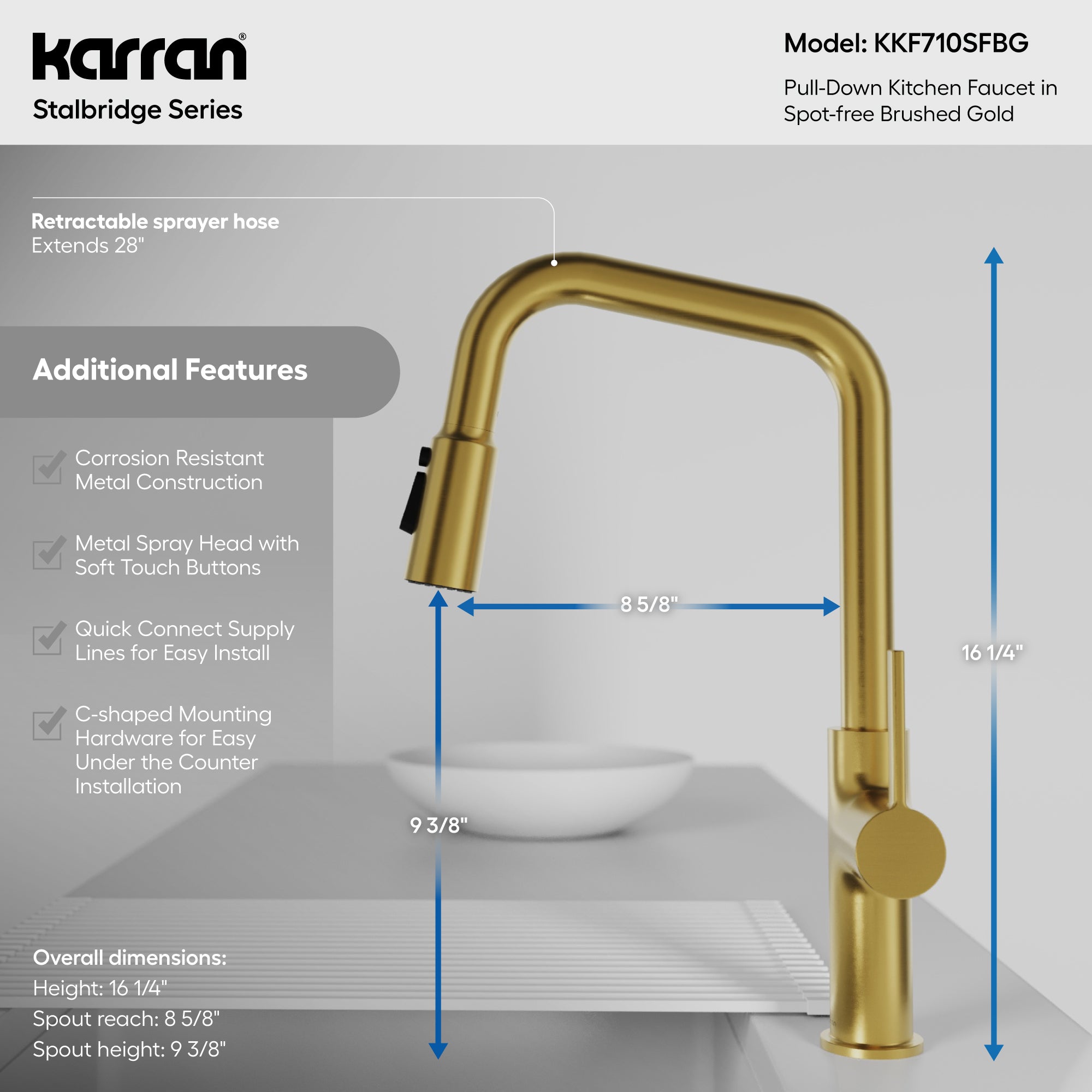 Karran Stalbridge 1.8 GPM Single Lever Lead-free Brass ADA Kitchen Faucet, Pull-Down, Spot-Free Brushed Gold, KKF710SFBG