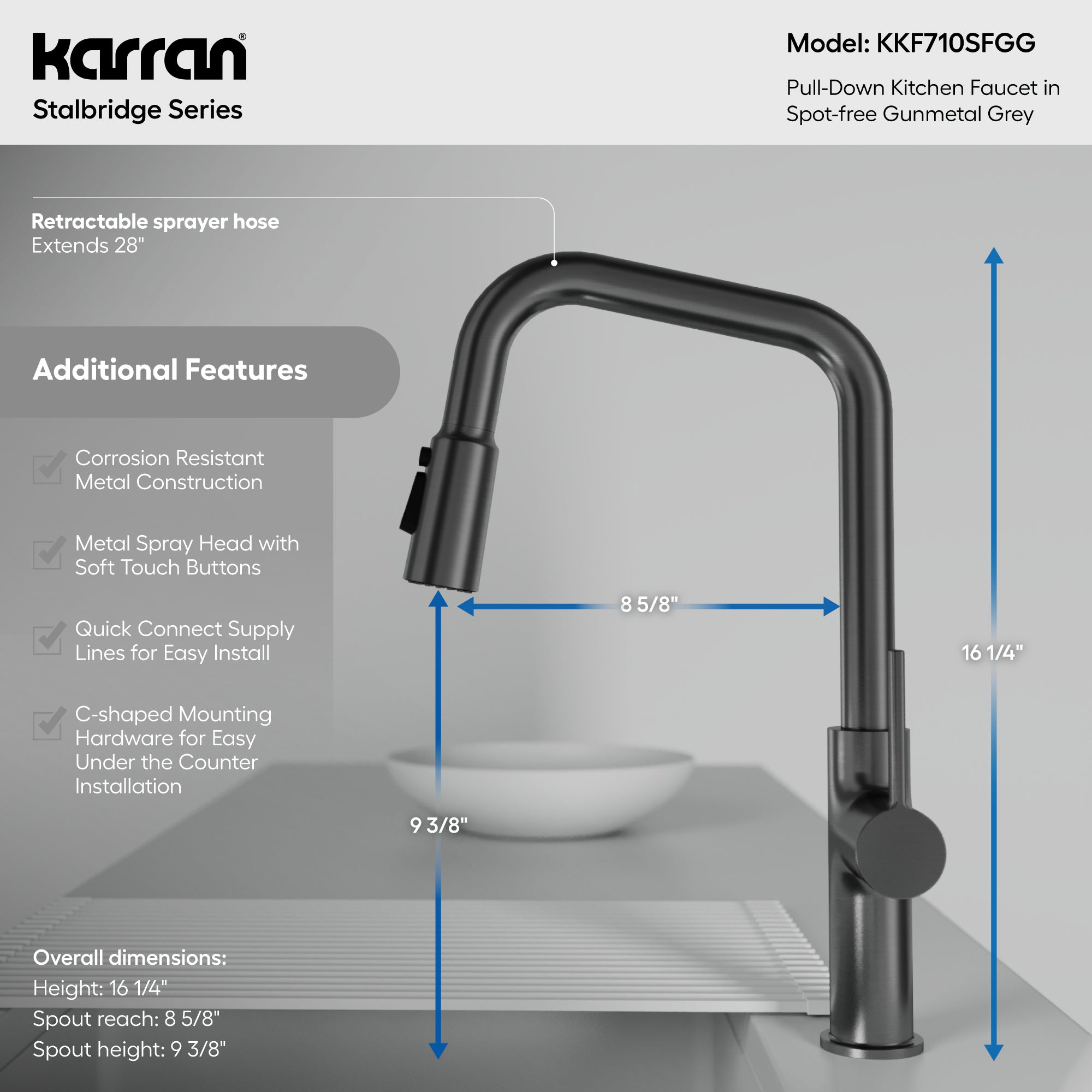 Karran Stalbridge 1.8 GPM Single Lever Lead-free Brass ADA Kitchen Faucet, Pull-Down, Spot-Free Gunmetal Grey, KKF710SFGG