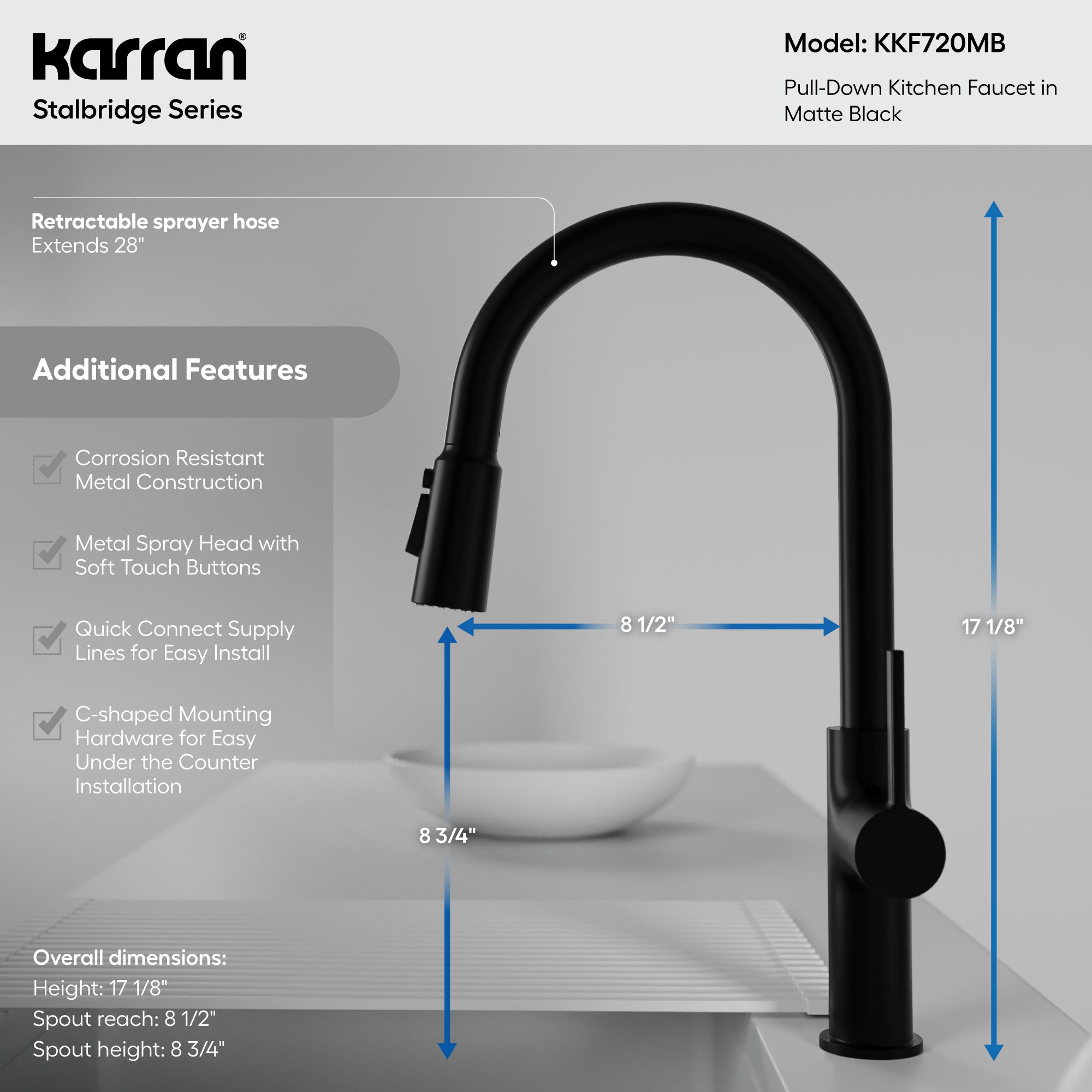 Karran Stalbridge 1.8 GPM Single Lever Lead-free Brass ADA Kitchen Faucet, Pull-Down, Matte Black, KKF720MB