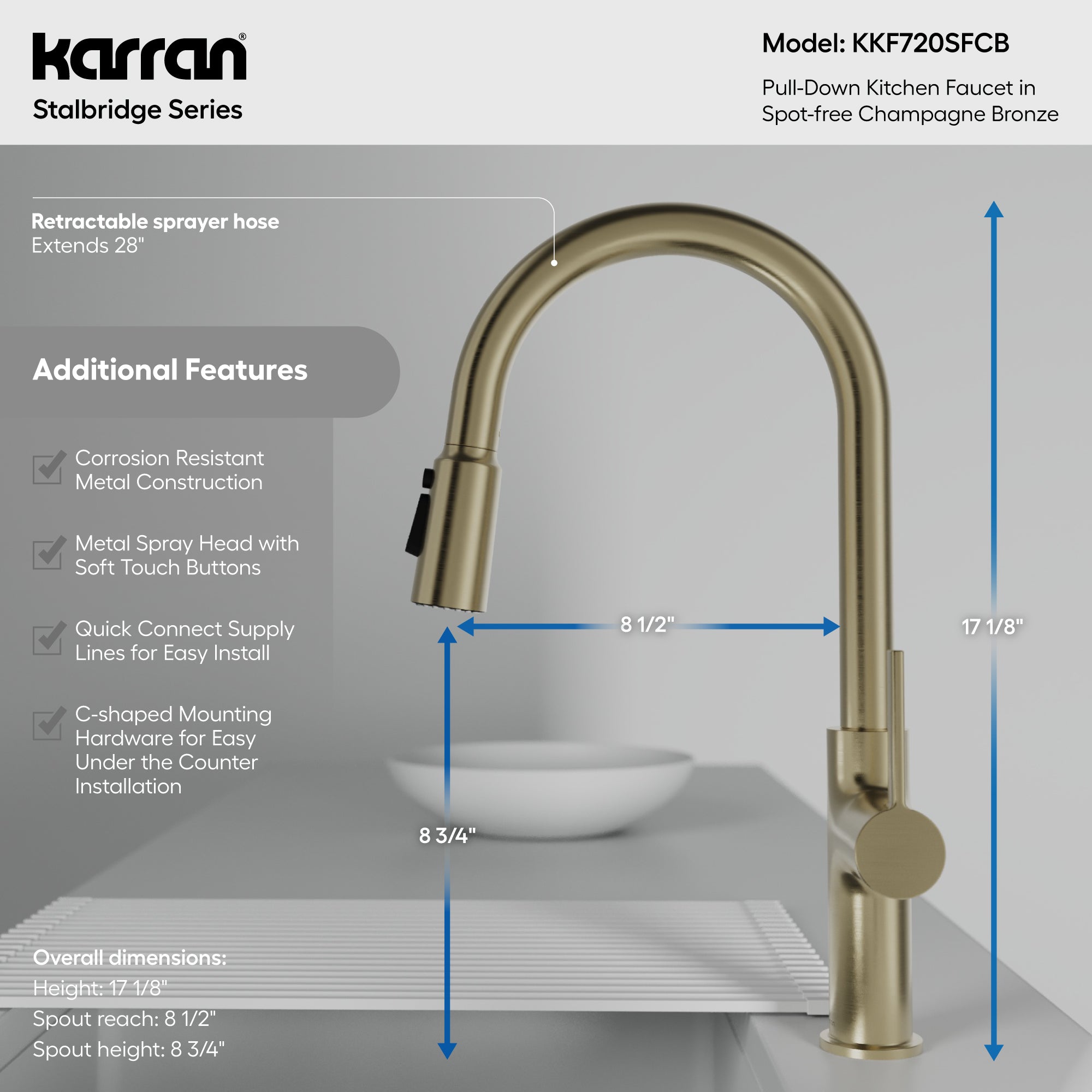 Karran Stalbridge 1.8 GPM Single Lever Lead-free Brass ADA Kitchen Faucet, Pull-Down, Spot-Free Champagne Bronze, KKF720SFCB