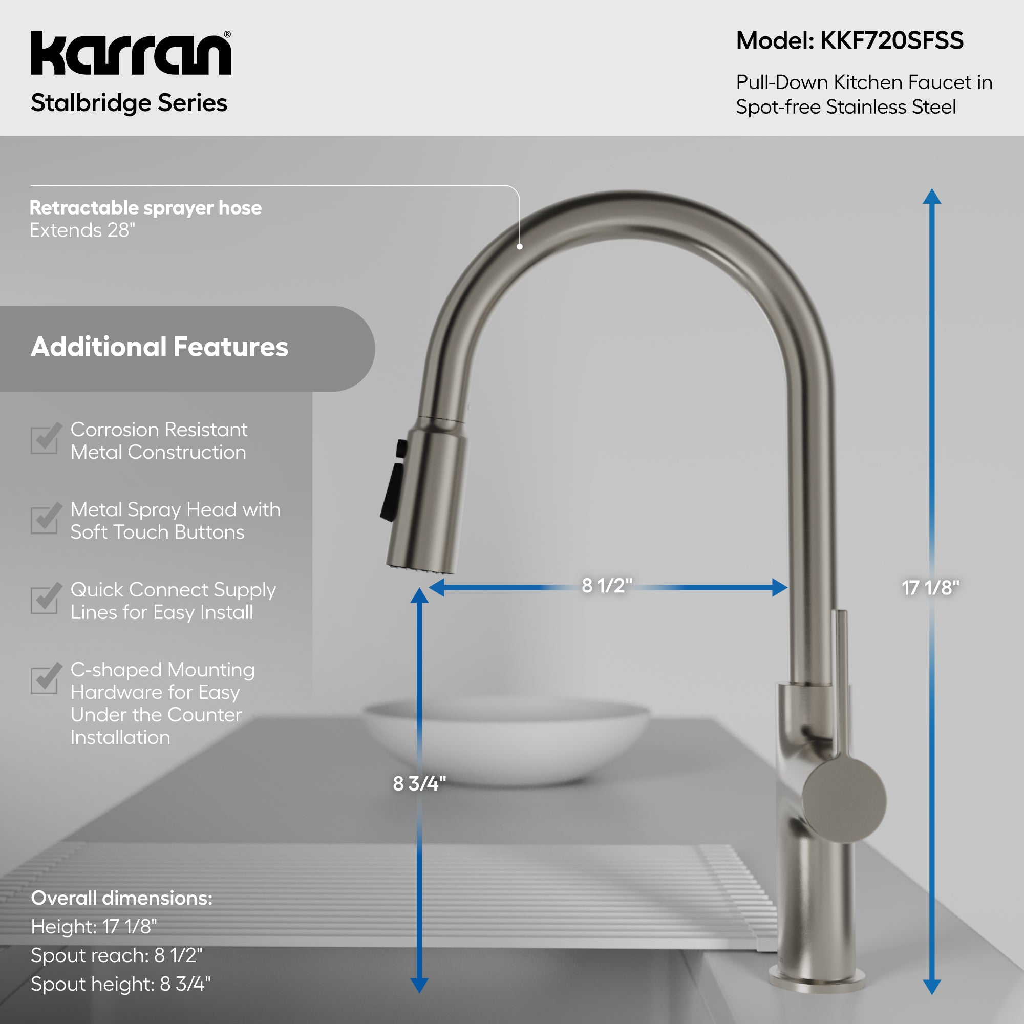 Karran Stalbridge 1.8 GPM Single Lever Lead-free Brass ADA Kitchen Faucet, Pull-Down, Spot Free Stainless Steel, KKF720SFSS