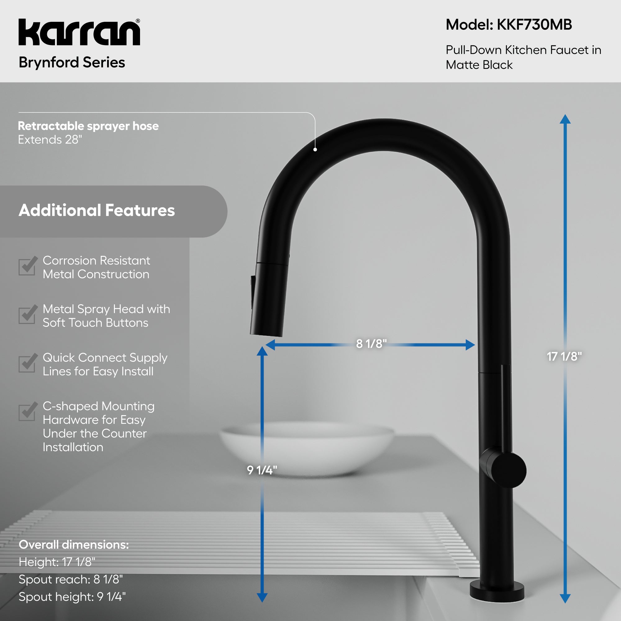 Karran Brynford 1.8 GPM Single Lever Lead-free Brass ADA Kitchen Faucet, Pull-Down, Matte Black, KKF730MB