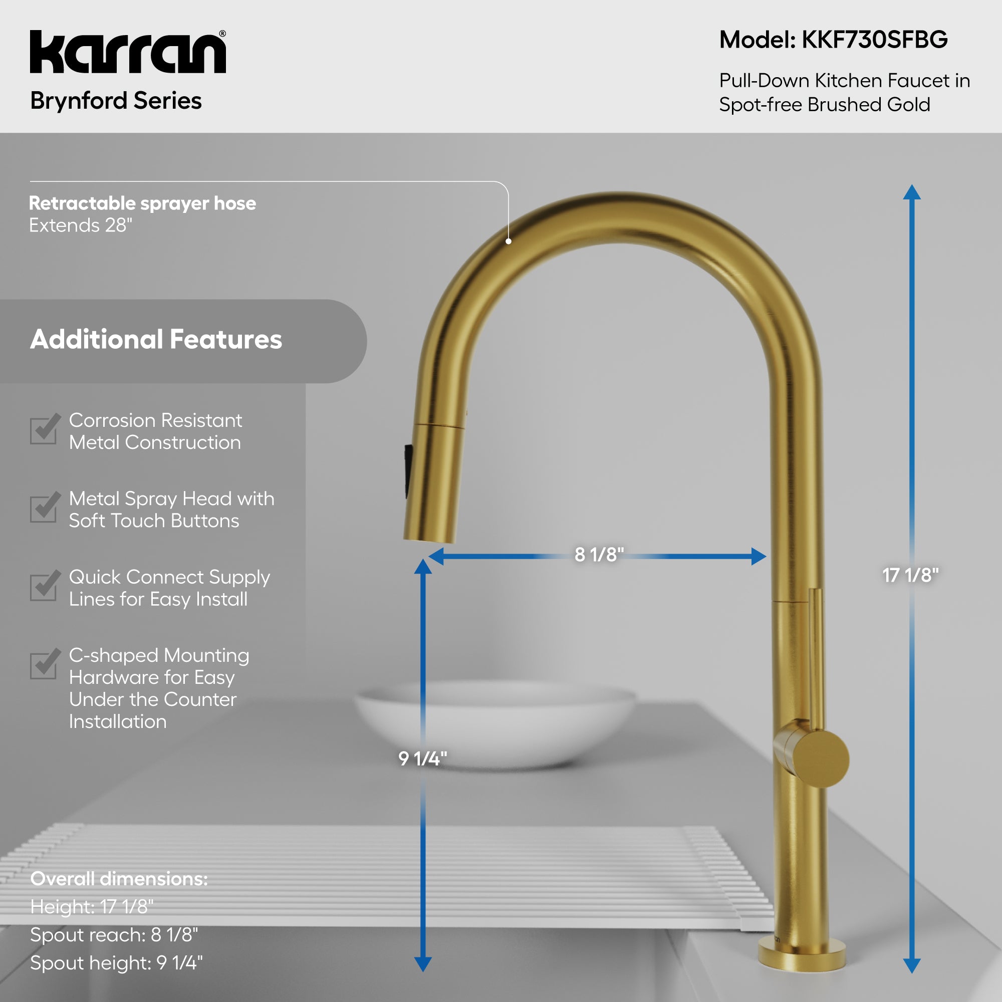 Karran Brynford 1.8 GPM Single Lever Lead-free Brass ADA Kitchen Faucet, Pull-Down, Spot-Free Brushed Gold, KKF730SFBG