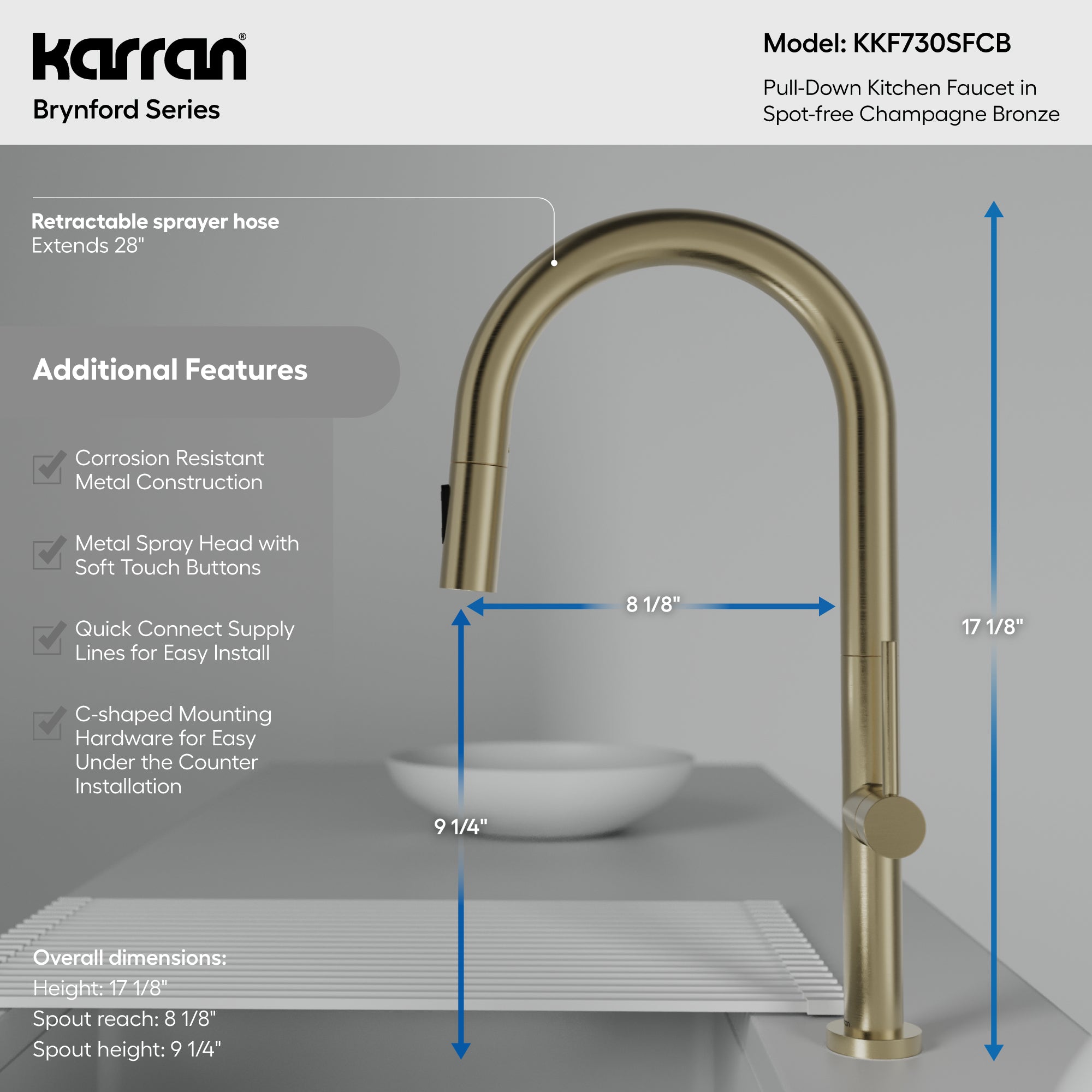 Karran Brynford 1.8 GPM Single Lever Lead-free Brass ADA Kitchen Faucet, Pull-Down, Spot-Free Champagne Bronze, KKF730SFCB
