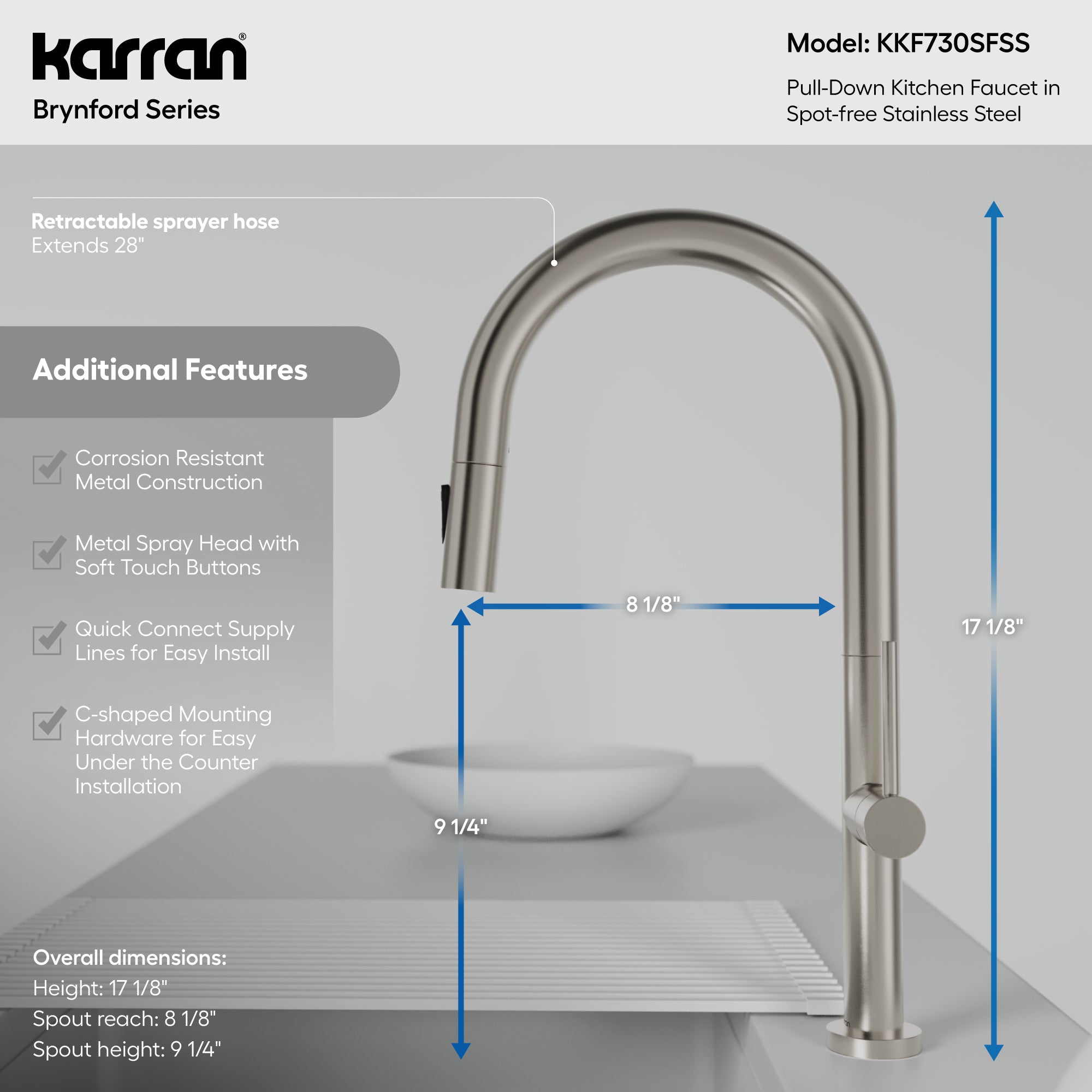 Karran Brynford 1.8 GPM Single Lever Lead-free Brass ADA Kitchen Faucet, Pull-Down, Spot Free Stainless Steel, KKF730SFSS
