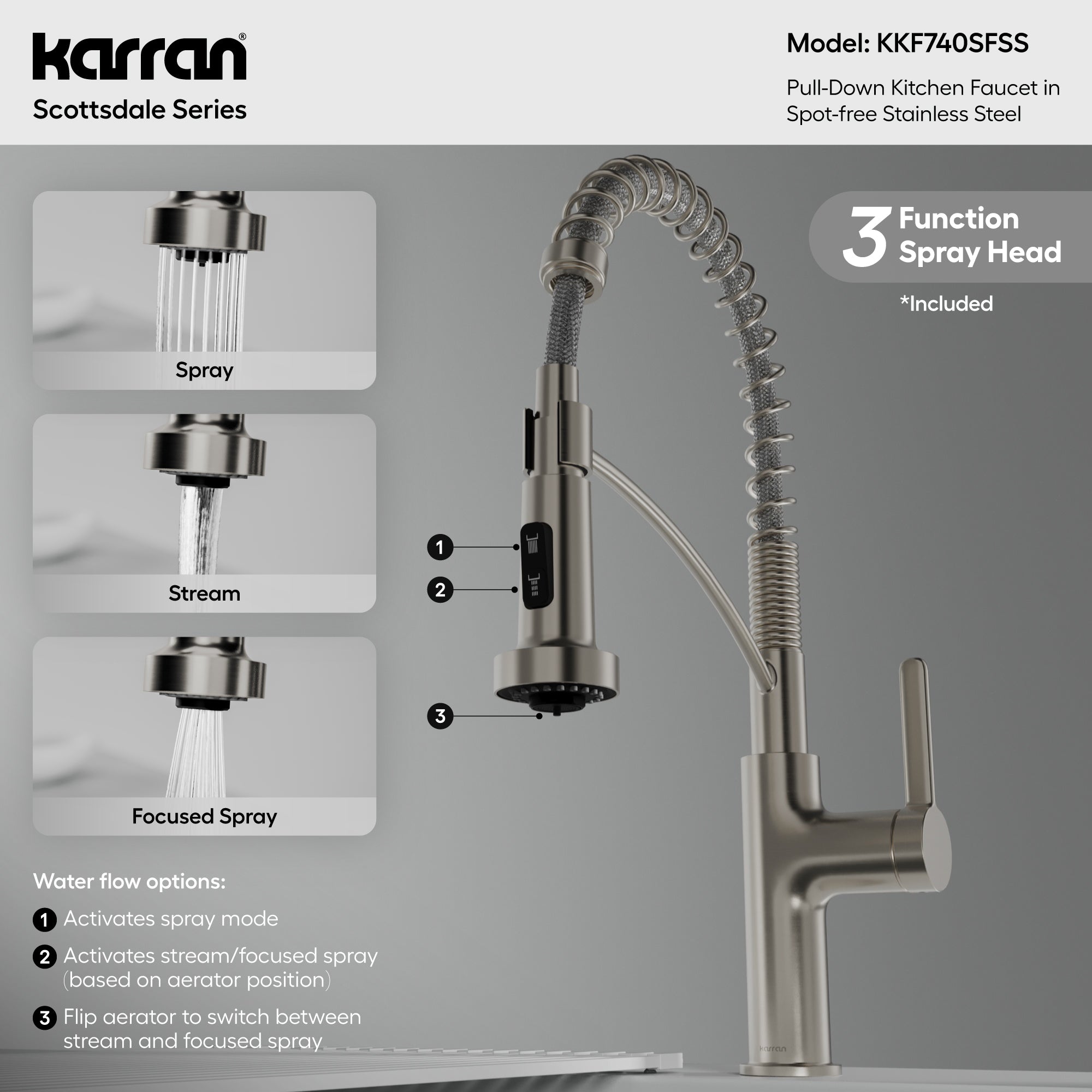Karran Scottsdale 1.8 GPM Single Lever Lead-free Brass ADA Kitchen Faucet, Pull-Down, Spot Free Stainless Steel, KKF740SFSS
