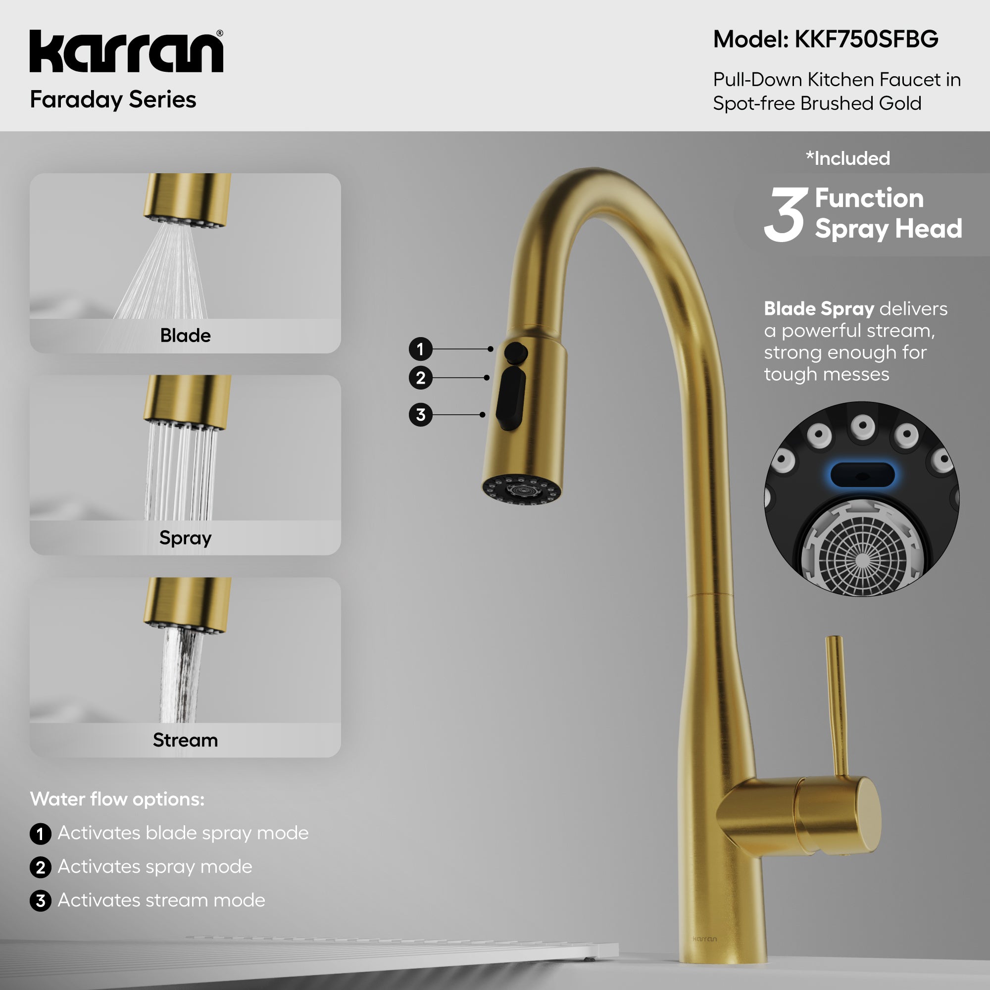 Karran Faraday 1.8 GPM Single Lever Lead-free Brass ADA Kitchen Faucet, Pull-Down, Spot-Free Brushed Gold, KKF750SFBG