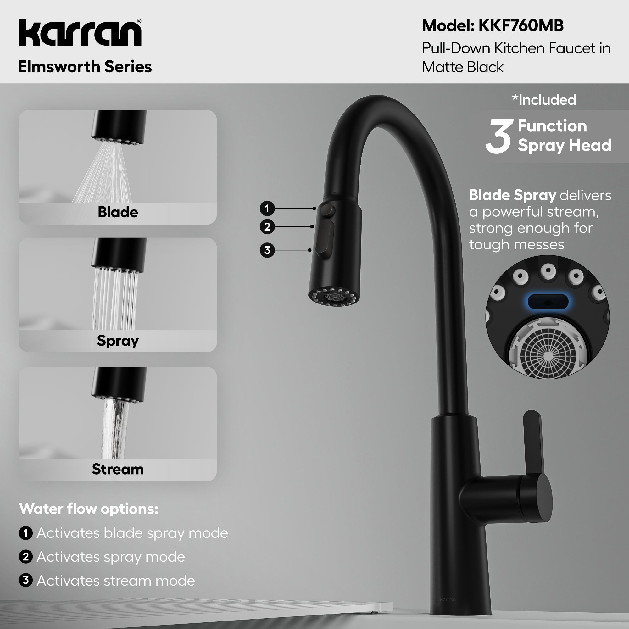 Alternative View of Karran Elmsworth 1.8 GPM Single Lever Lead-free Brass ADA Kitchen Faucet, Pull-Down, Matte Black, KKF760MB