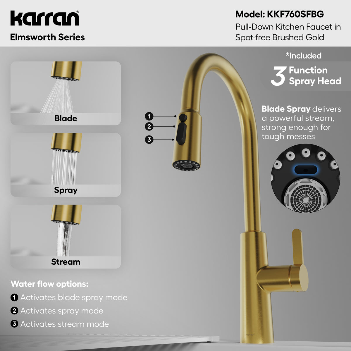 Alternative View of Karran Elmsworth 1.8 GPM Single Lever Lead-free Brass ADA Kitchen Faucet, Pull-Down, Spot-Free Brushed Gold, KKF760SFBG