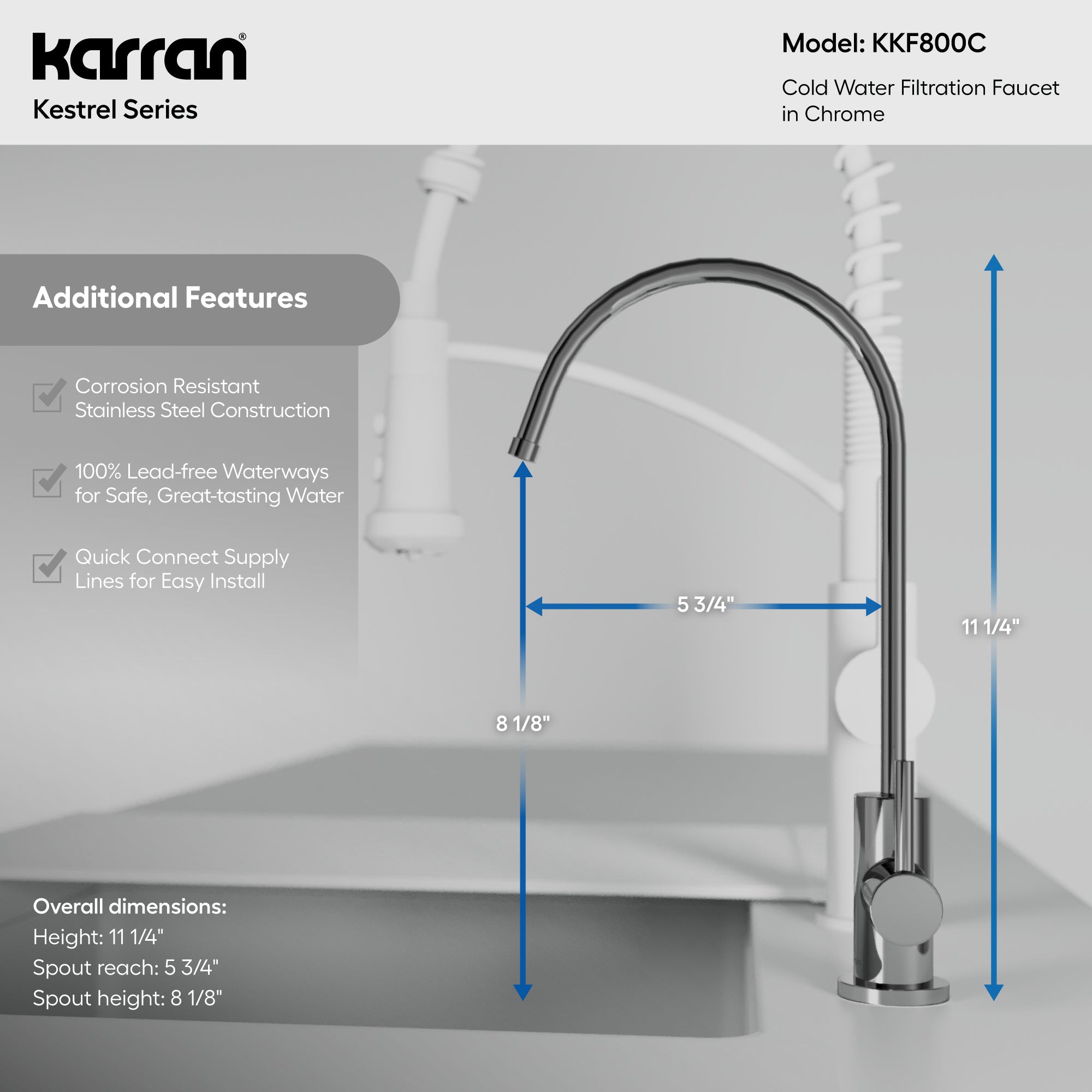Karran Kestrel 1 GPM Single Lever Lead-free Brass ADA Beverage Faucet, Chrome, KKF800C