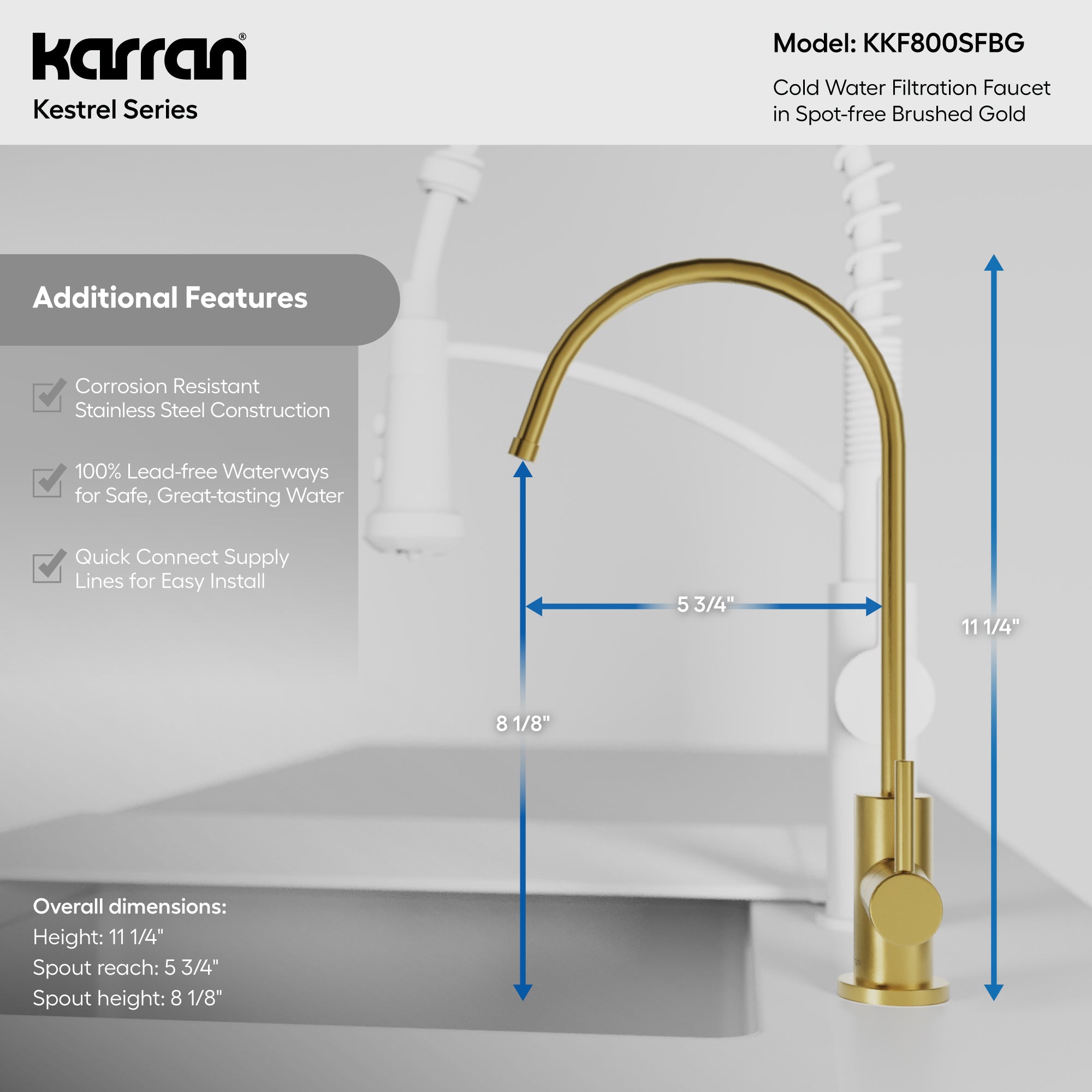 Karran Kestrel 1 GPM Single Lever Lead-free Brass ADA Beverage Faucet, Spot-Free Brushed Gold, KKF800SFBG