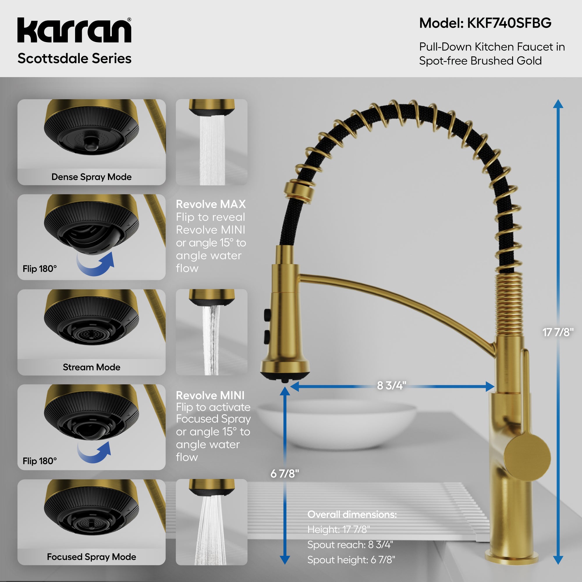 Karran Scottsdale 1.8 GPM Single Lever Lead-free Brass ADA Kitchen Faucet, Pull-Down, Spot-Free Brushed Gold, KKF740SFBG