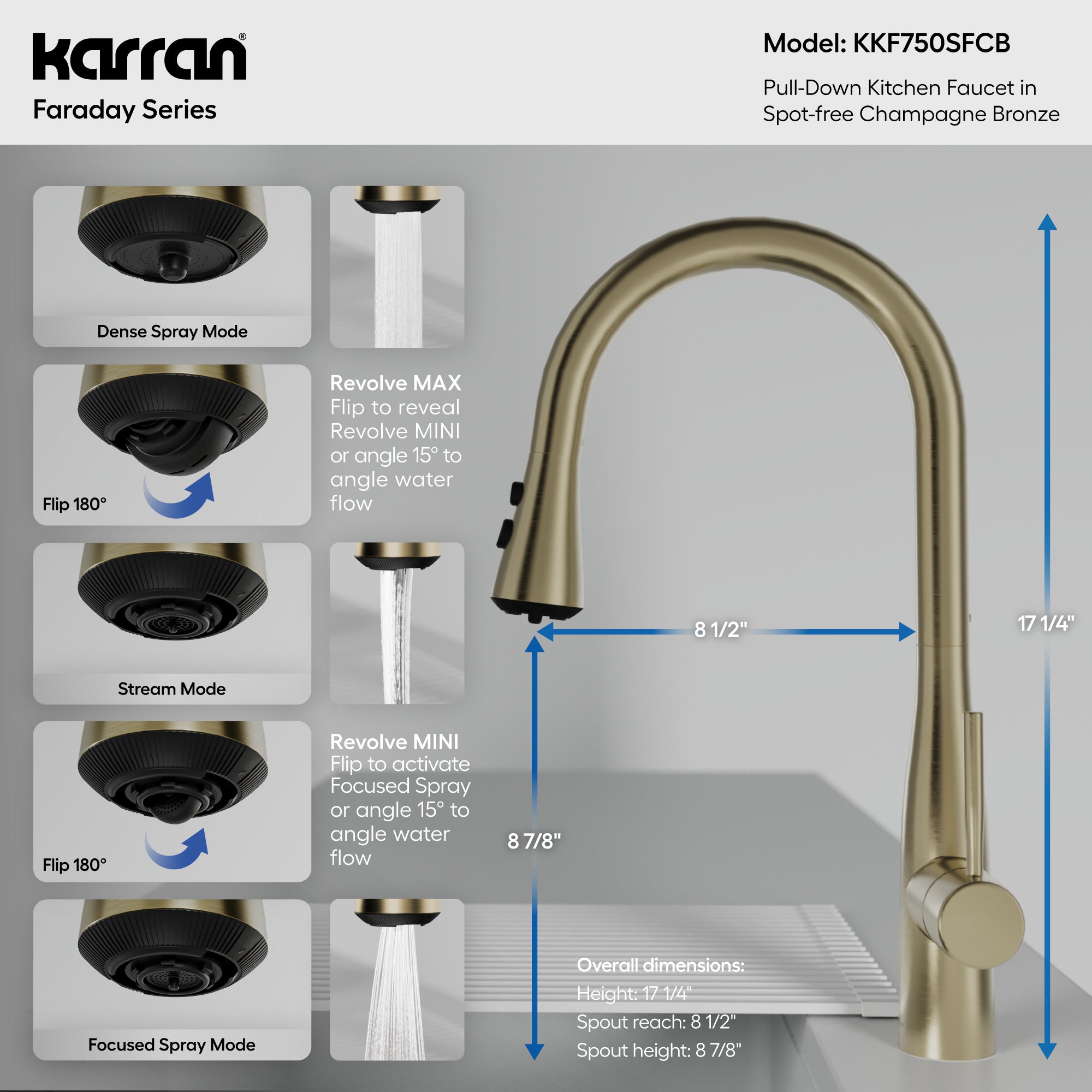 Karran Faraday 1.8 GPM Single Lever Lead-free Brass ADA Kitchen Faucet, Pull-Down, Spot-Free Champagne Bronze, KKF750SFCB
