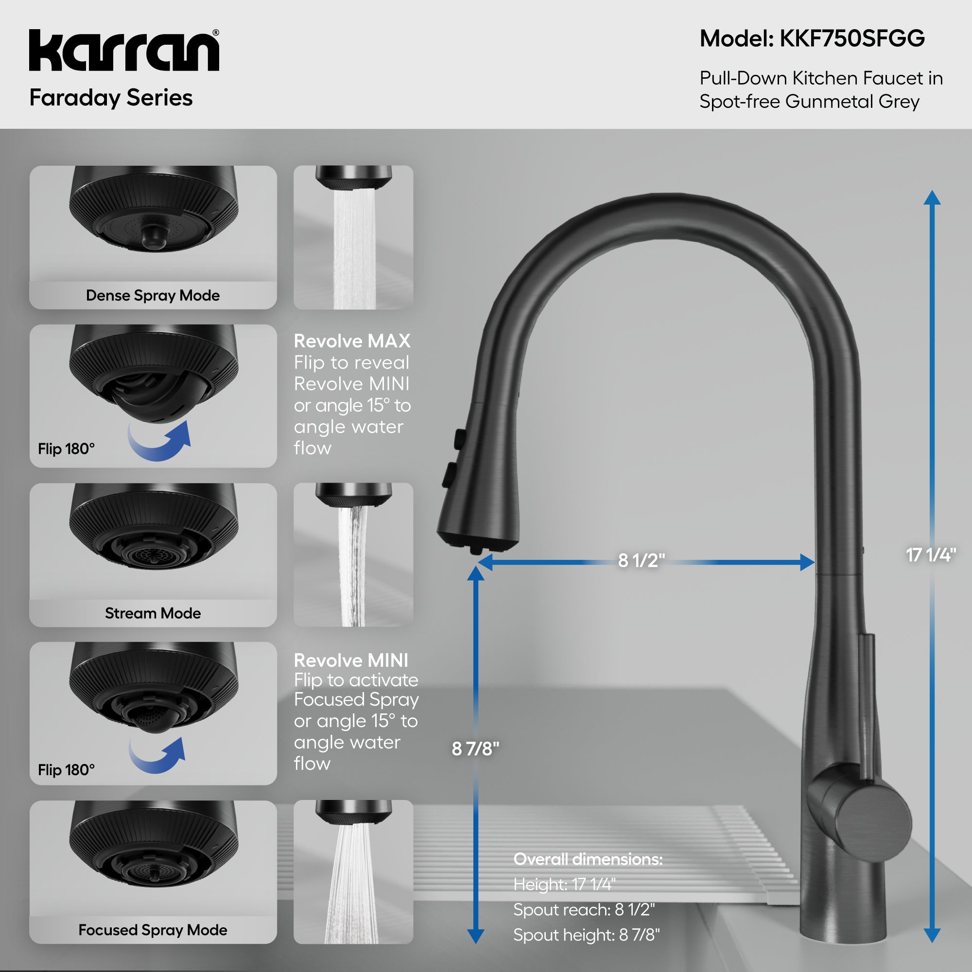 Karran Faraday 1.8 GPM Single Lever Lead-free Brass ADA Kitchen Faucet, Pull-Down, Spot-Free Gunmetal Grey, KKF750SFGG