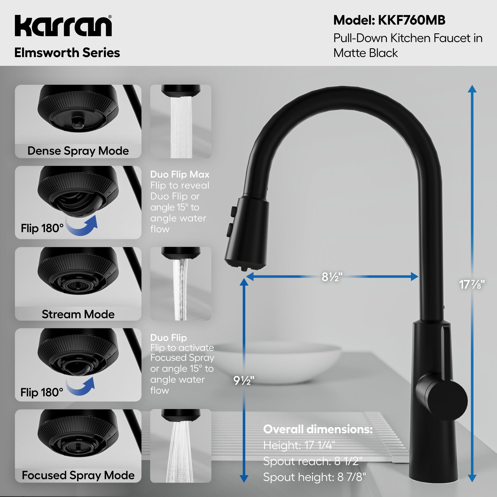 Alternative View of Karran Elmsworth 1.8 GPM Single Lever Lead-free Brass ADA Kitchen Faucet, Pull-Down, Matte Black, KKF760MB