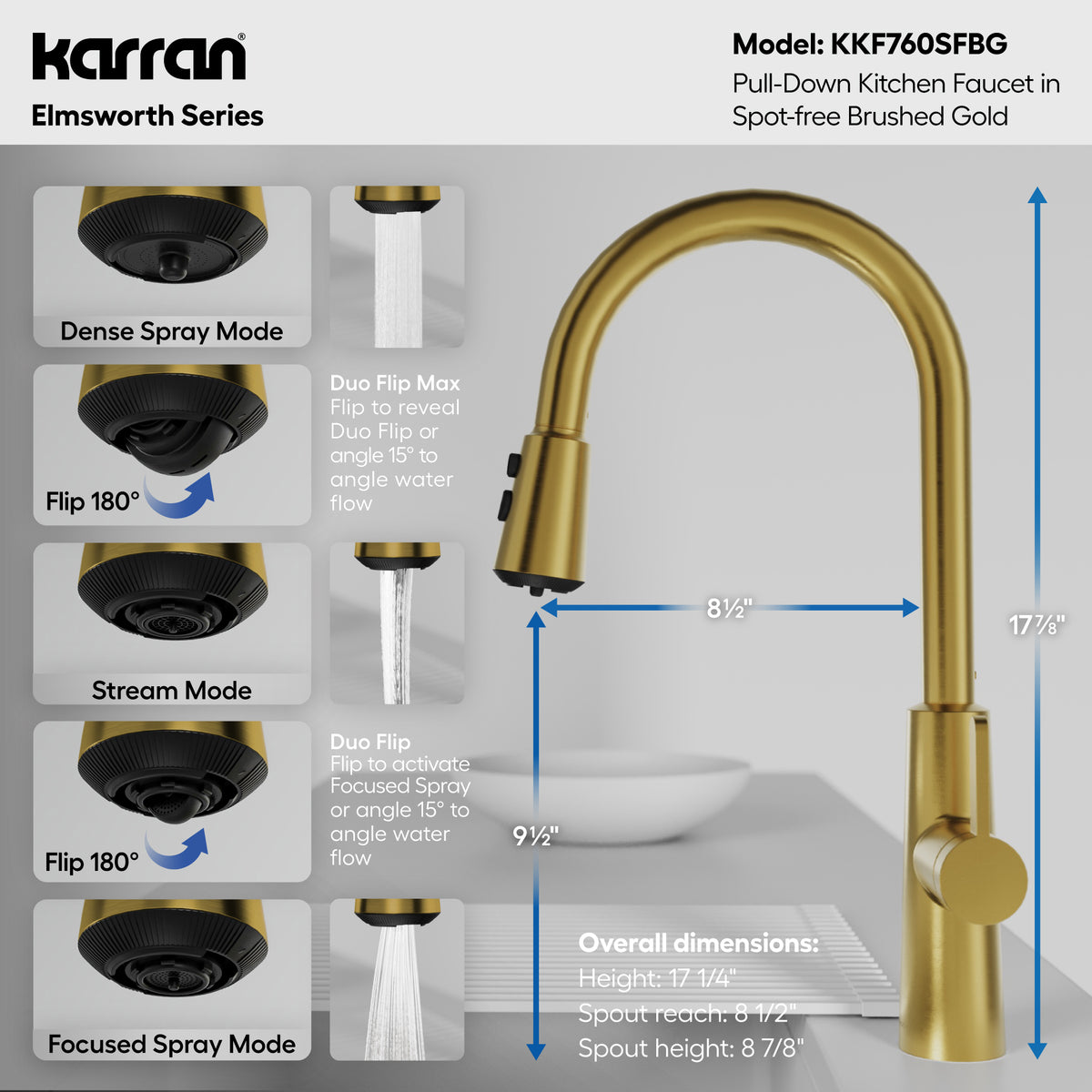 Alternative View of Karran Elmsworth 1.8 GPM Single Lever Lead-free Brass ADA Kitchen Faucet, Pull-Down, Spot-Free Brushed Gold, KKF760SFBG