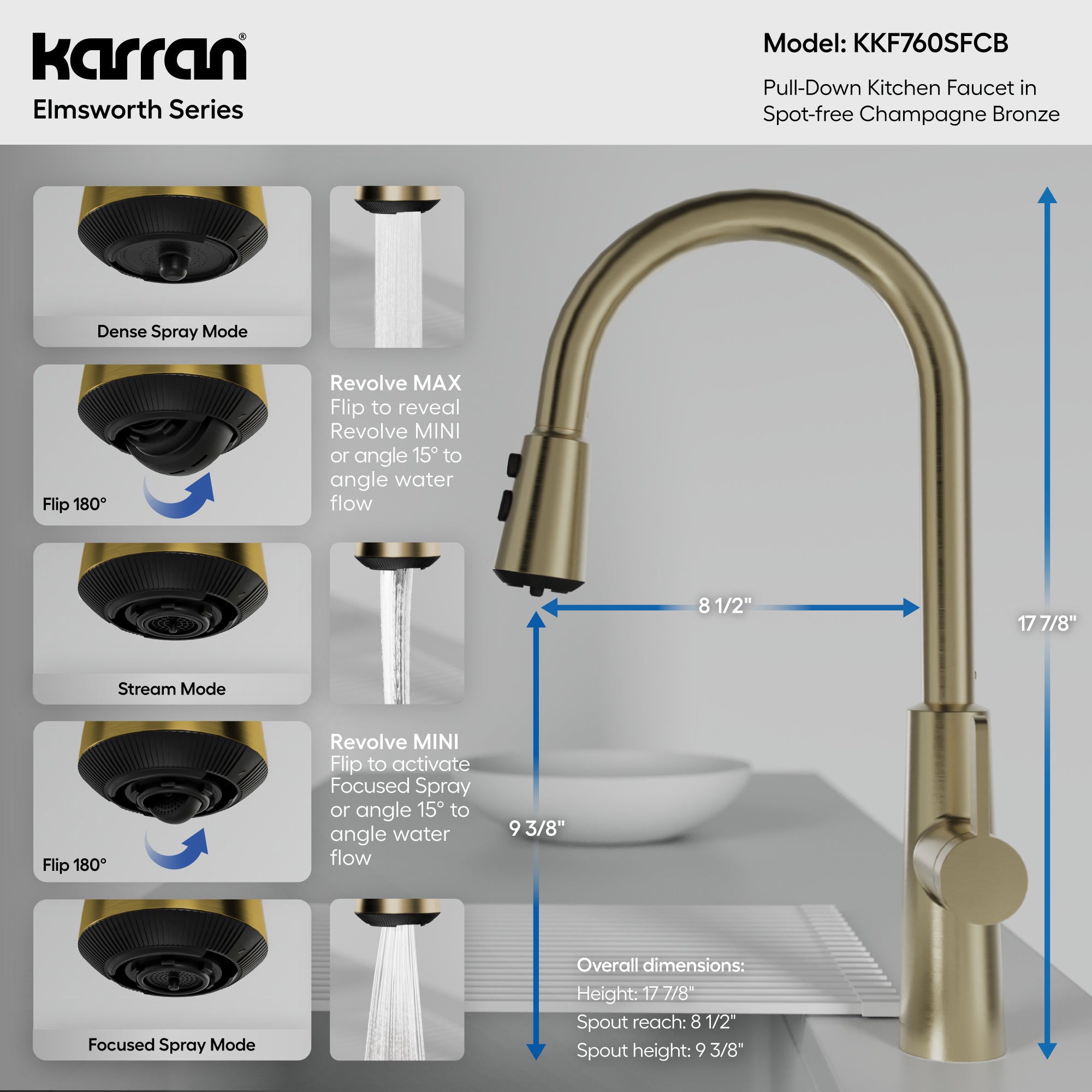 Karran Elmsworth 1.8 GPM Single Lever Lead-free Brass ADA Kitchen Faucet, Pull-Down, Spot-Free Champagne Bronze, KKF760SFCB