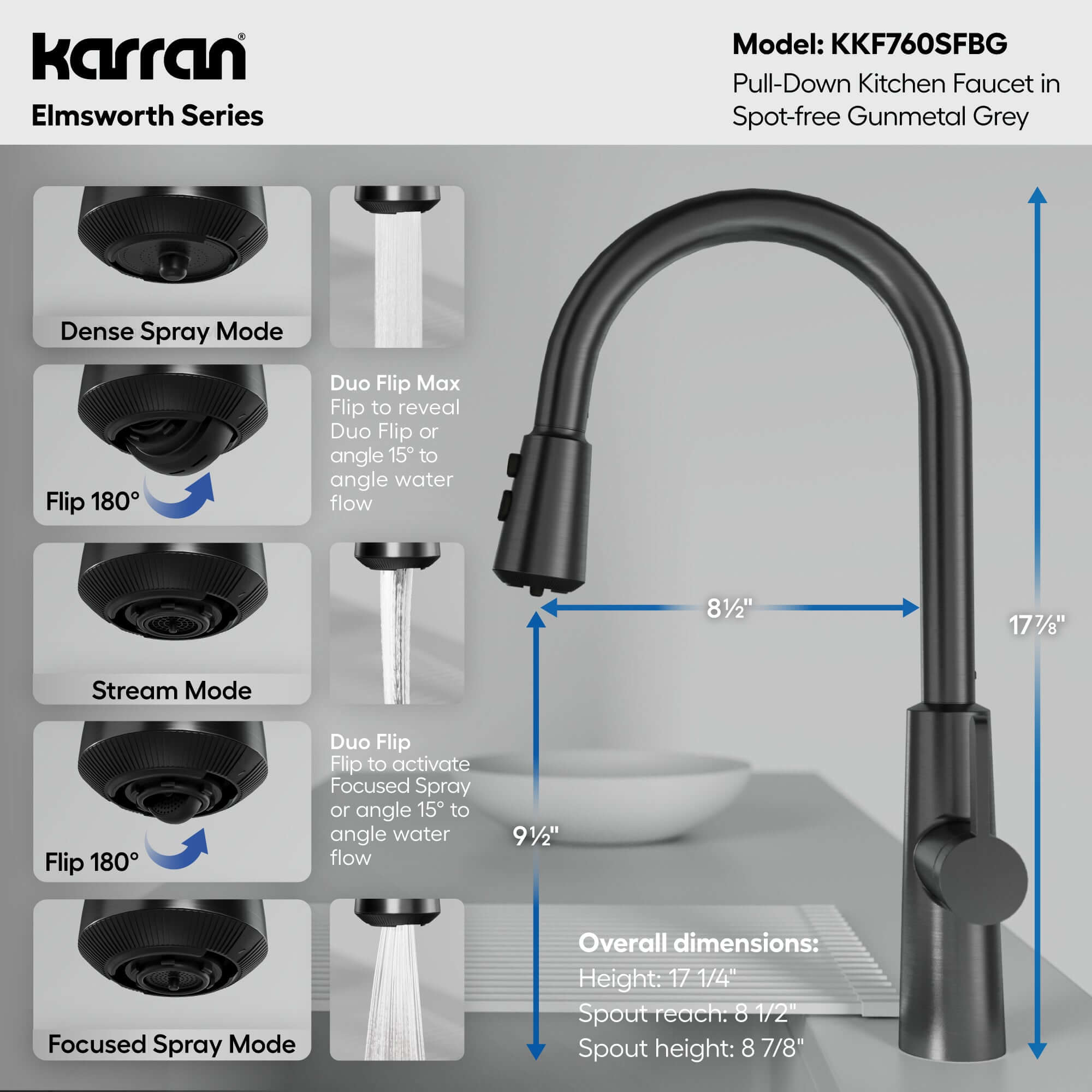 Alternative View of Karran Elmsworth 1.8 GPM Single Lever Lead-free Brass ADA Kitchen Faucet, Pull-Down, Spot-Free Gunmetal Grey, KKF760SFGG