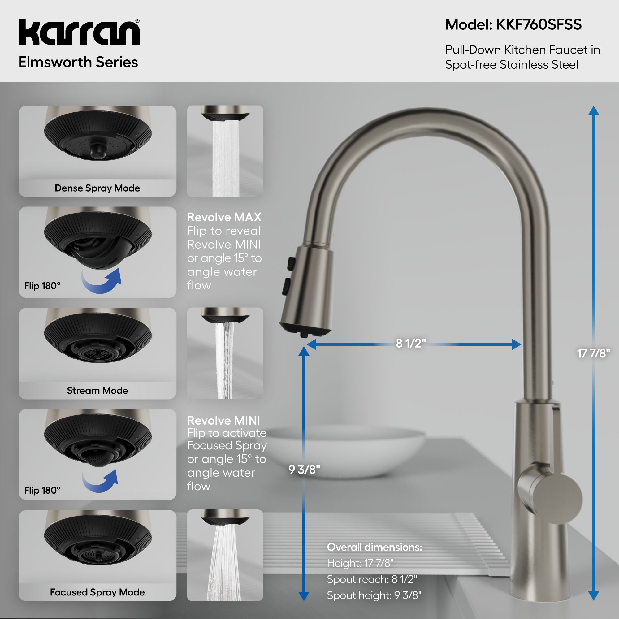 Karran Elmsworth 1.8 GPM Single Lever Lead-free Brass ADA Kitchen Faucet, Pull-Down, Spot Free Stainless Steel, KKF760SFSS