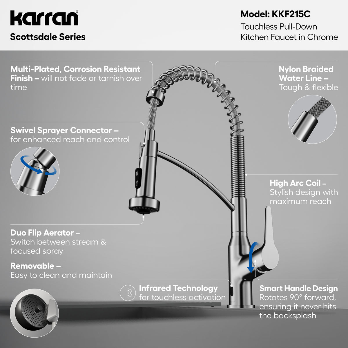 Alternative View of Karran Alston 1.8 GPM Single Lever Handle Lead-free Brass ADA Touchless Kitchen Faucet, Pull-Down, Chrome, KKF215C