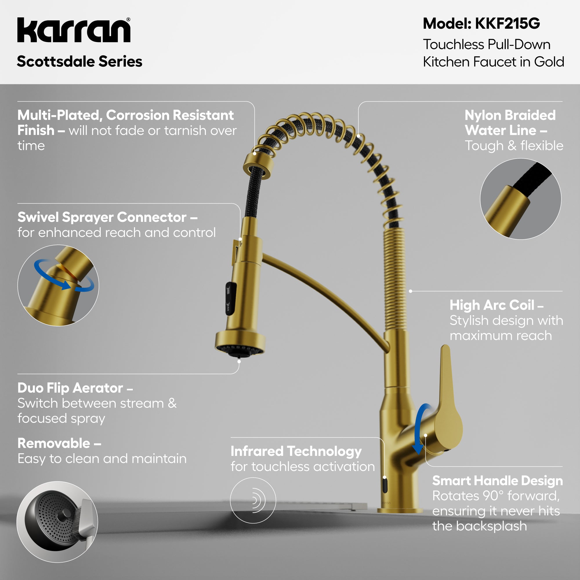 Alternative View of Karran Alston 1.8 GPM Single Lever Handle Lead-free Brass ADA Touchless Kitchen Faucet, Pull-Down, Gold, KKF215G
