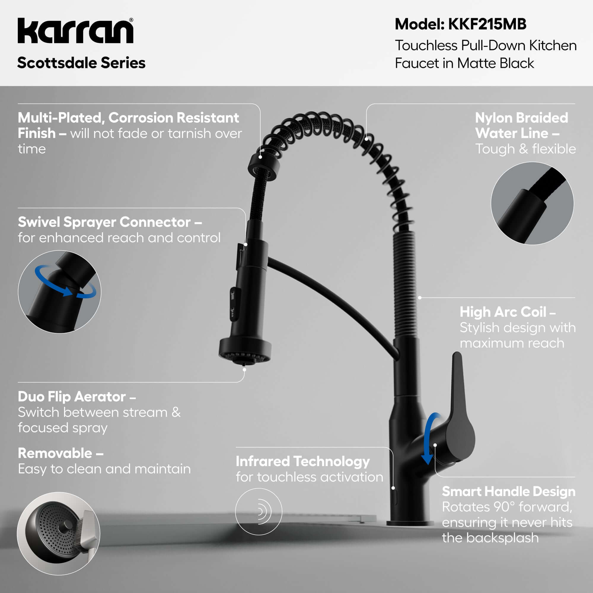 Alternative View of Karran Alston 1.8 GPM Single Lever Handle Lead-free Brass ADA Touchless Kitchen Faucet, Pull-Down, Matte Black, KKF215MB