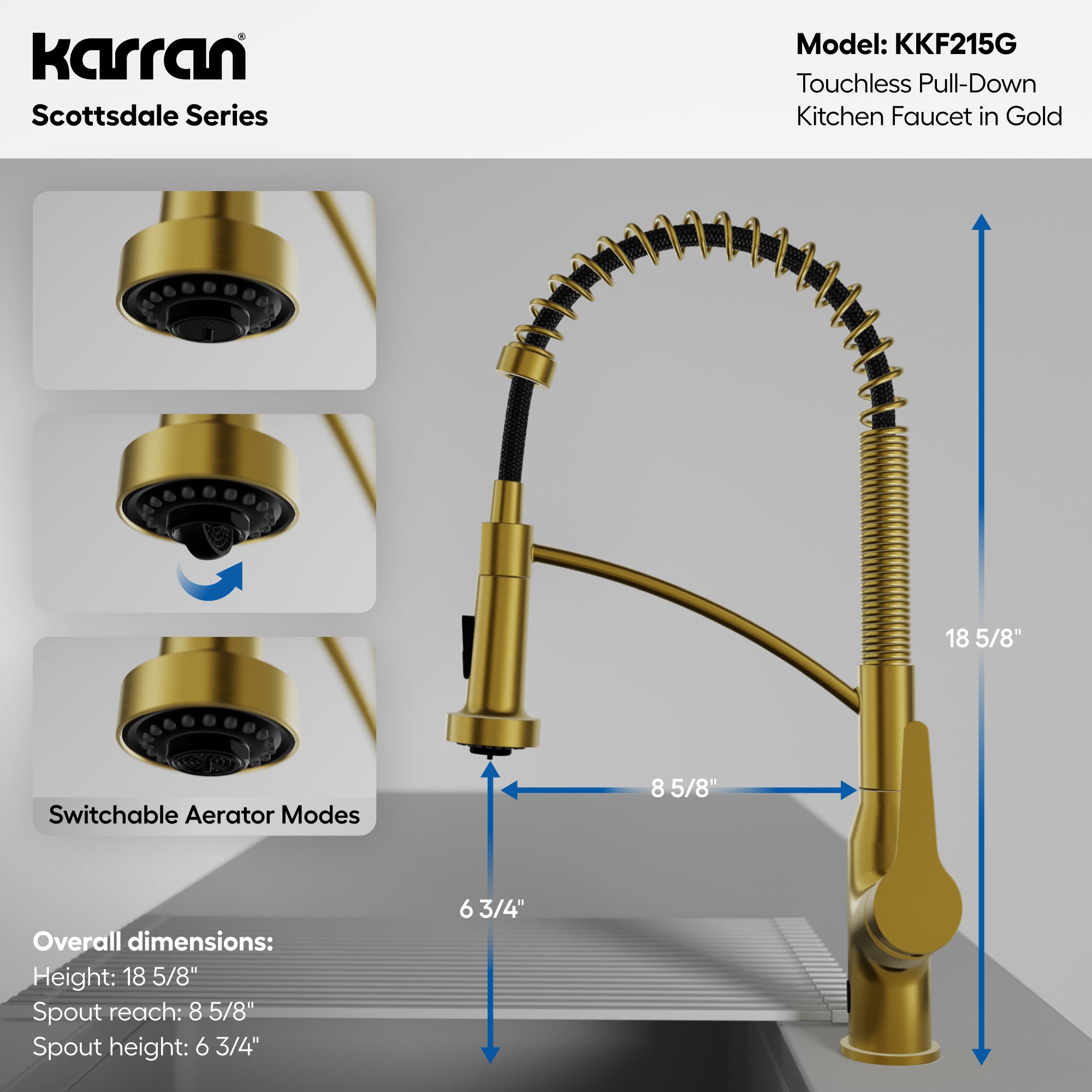Alternative View of Karran Alston 1.8 GPM Single Lever Handle Lead-free Brass ADA Touchless Kitchen Faucet, Pull-Down, Gold, KKF215G