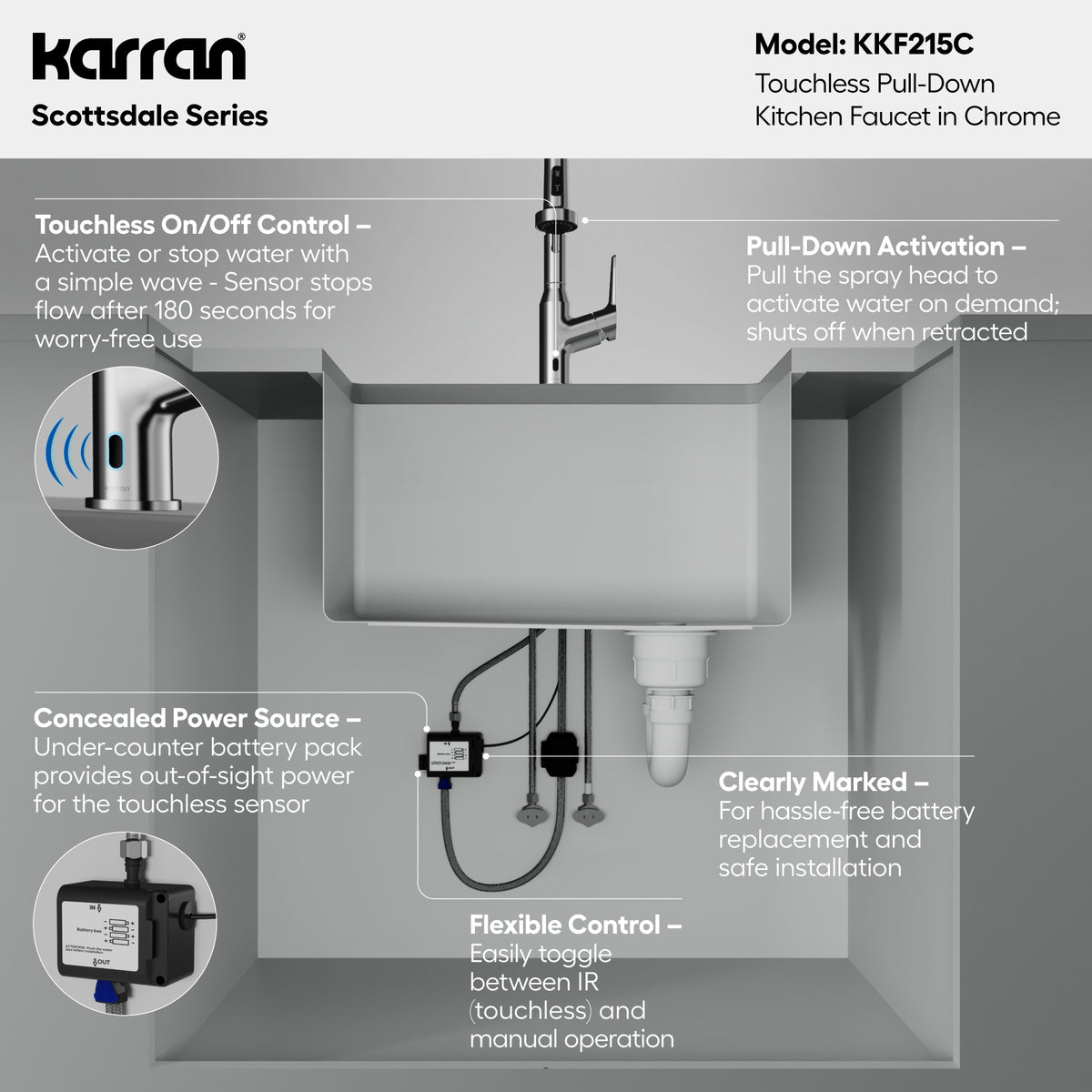 Alternative View of Karran Alston 1.8 GPM Single Lever Handle Lead-free Brass ADA Touchless Kitchen Faucet, Pull-Down, Chrome, KKF215C