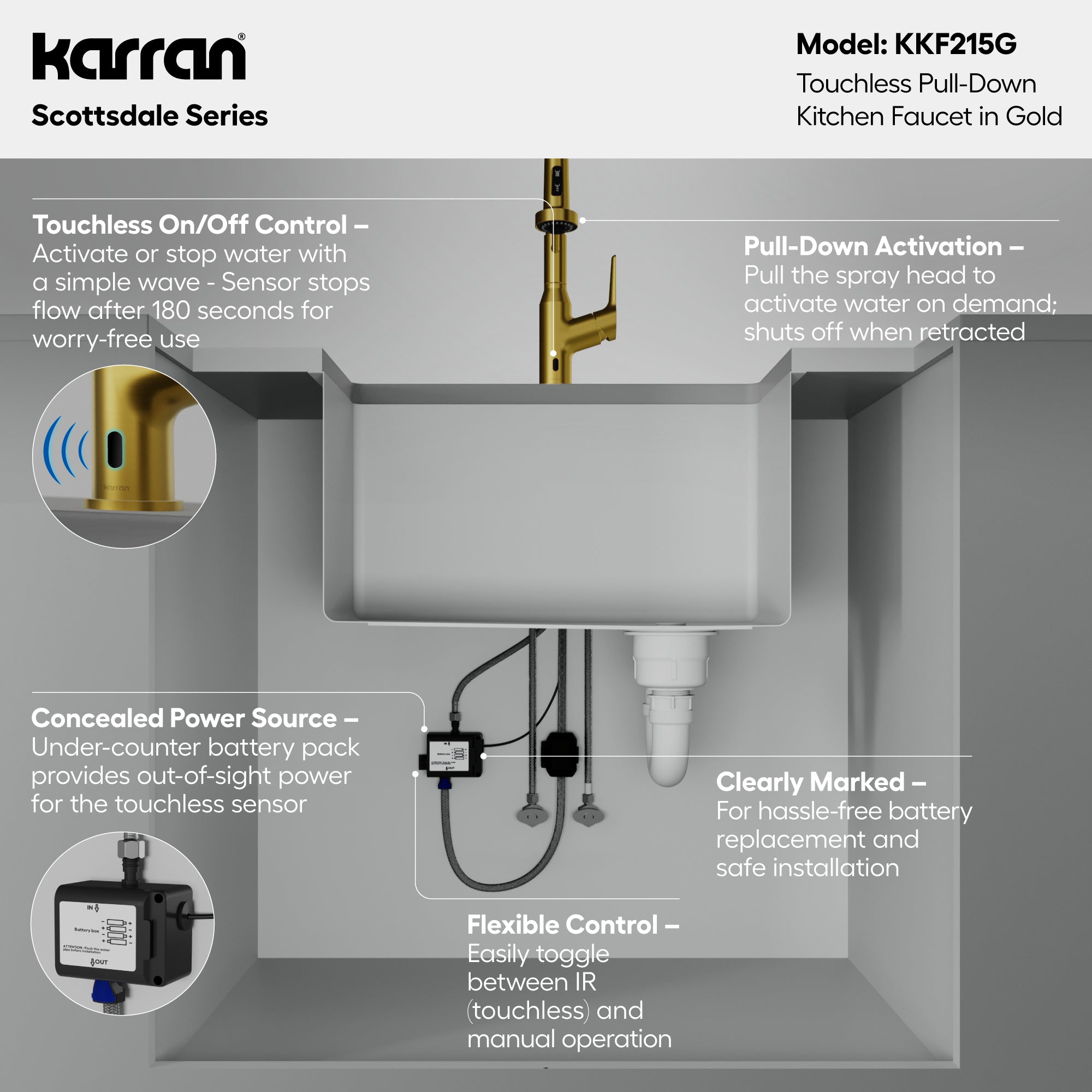 Alternative View of Karran Alston 1.8 GPM Single Lever Handle Lead-free Brass ADA Touchless Kitchen Faucet, Pull-Down, Gold, KKF215G