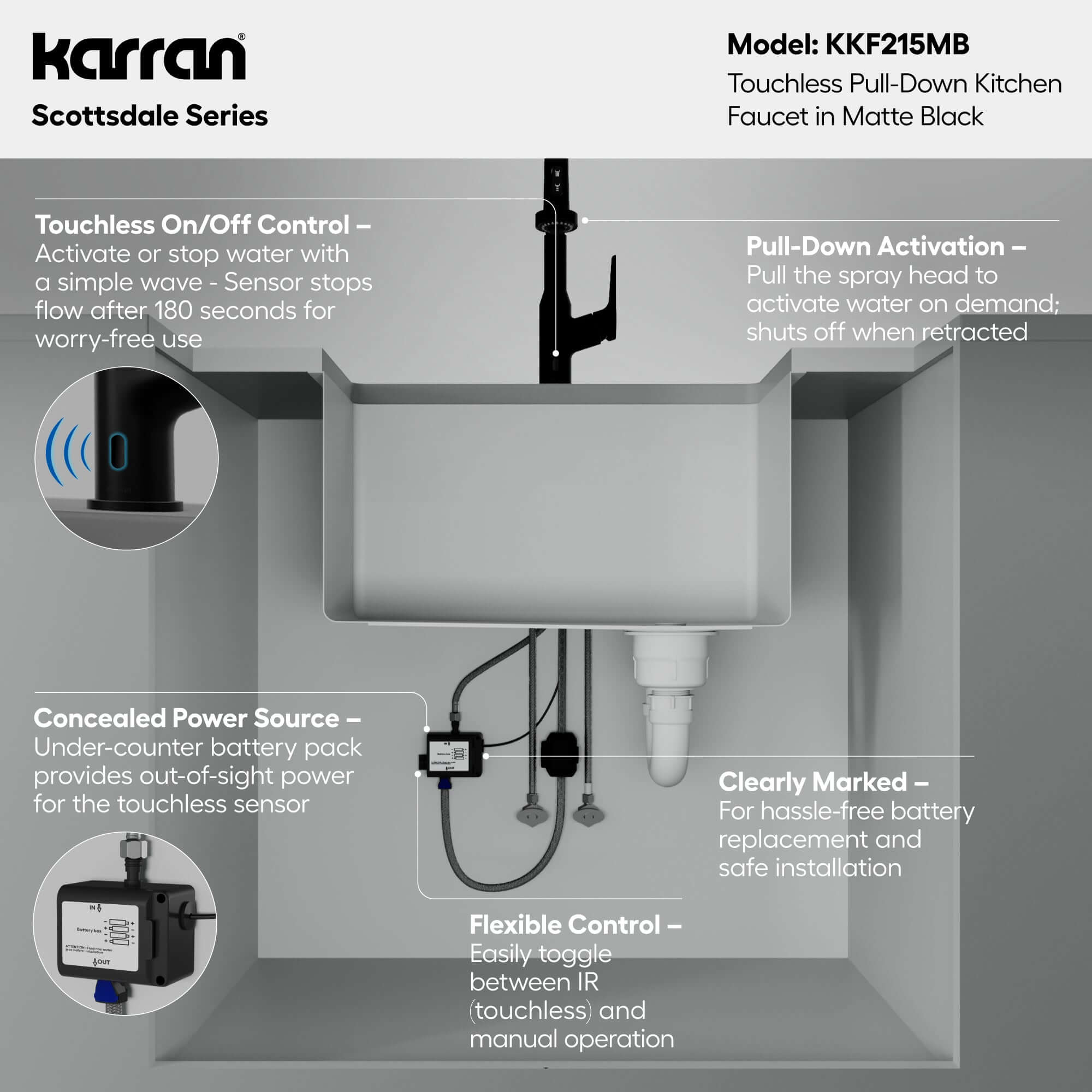 Alternative View of Karran Alston 1.8 GPM Single Lever Handle Lead-free Brass ADA Touchless Kitchen Faucet, Pull-Down, Matte Black, KKF215MB