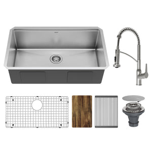 Karran Elite Workstation 32" Undermount Stainless Steel Kitchen Sink with Faucet and Accessories, Satin Brushed, 16 Gauge, WS-37-PK4
