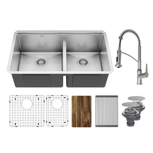 Karran Elite Workstation 32" Undermount Stainless Steel Kitchen Sink with Faucet and Accessories, 60/40 Double Bowl, Satin Brushed, 16 Gauge, WS-40-PK4