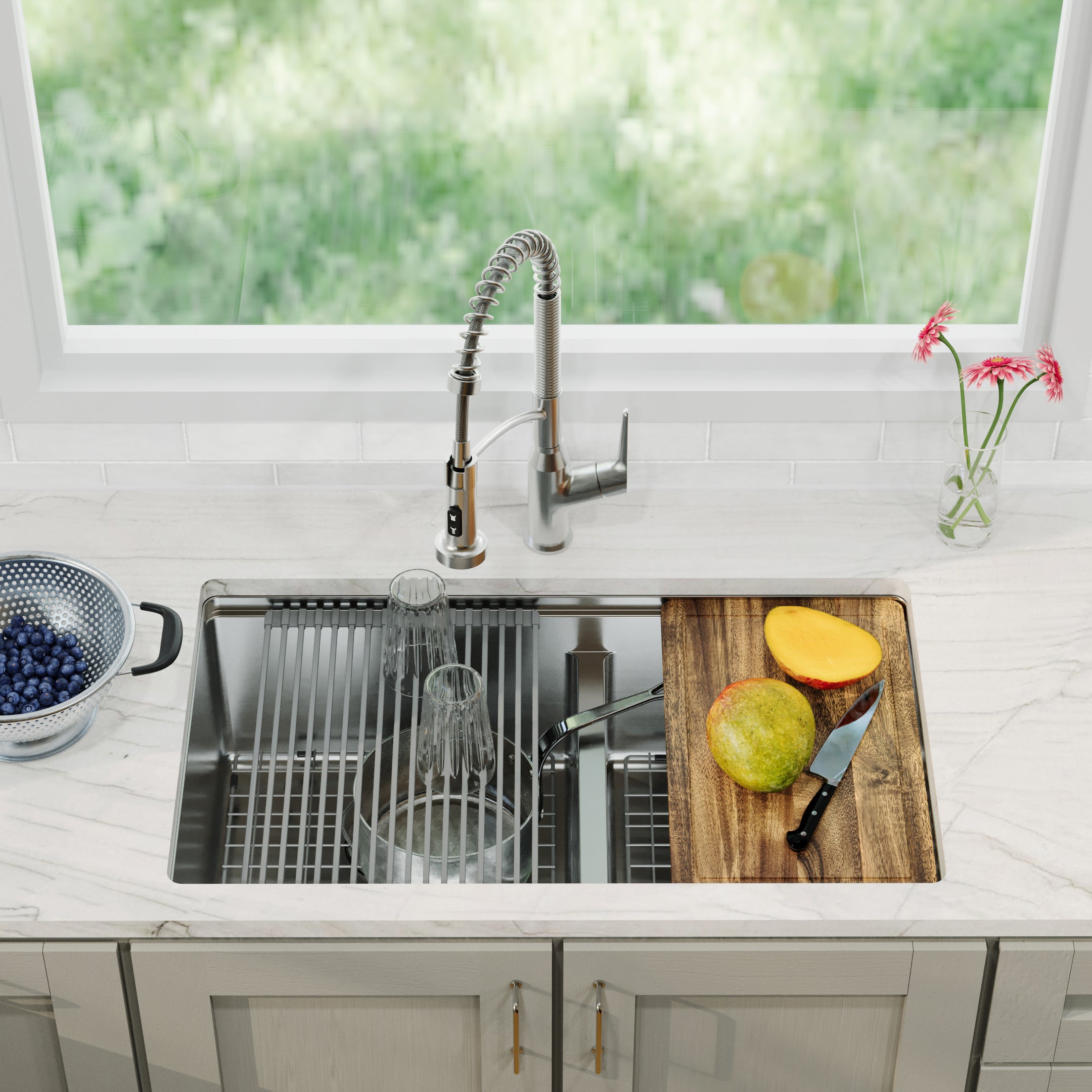 Karran Elite Workstation 32" Undermount Stainless Steel Kitchen Sink with Faucet and Accessories, 60/40 Double Bowl, Satin Brushed, 16 Gauge, WS-40-PK4